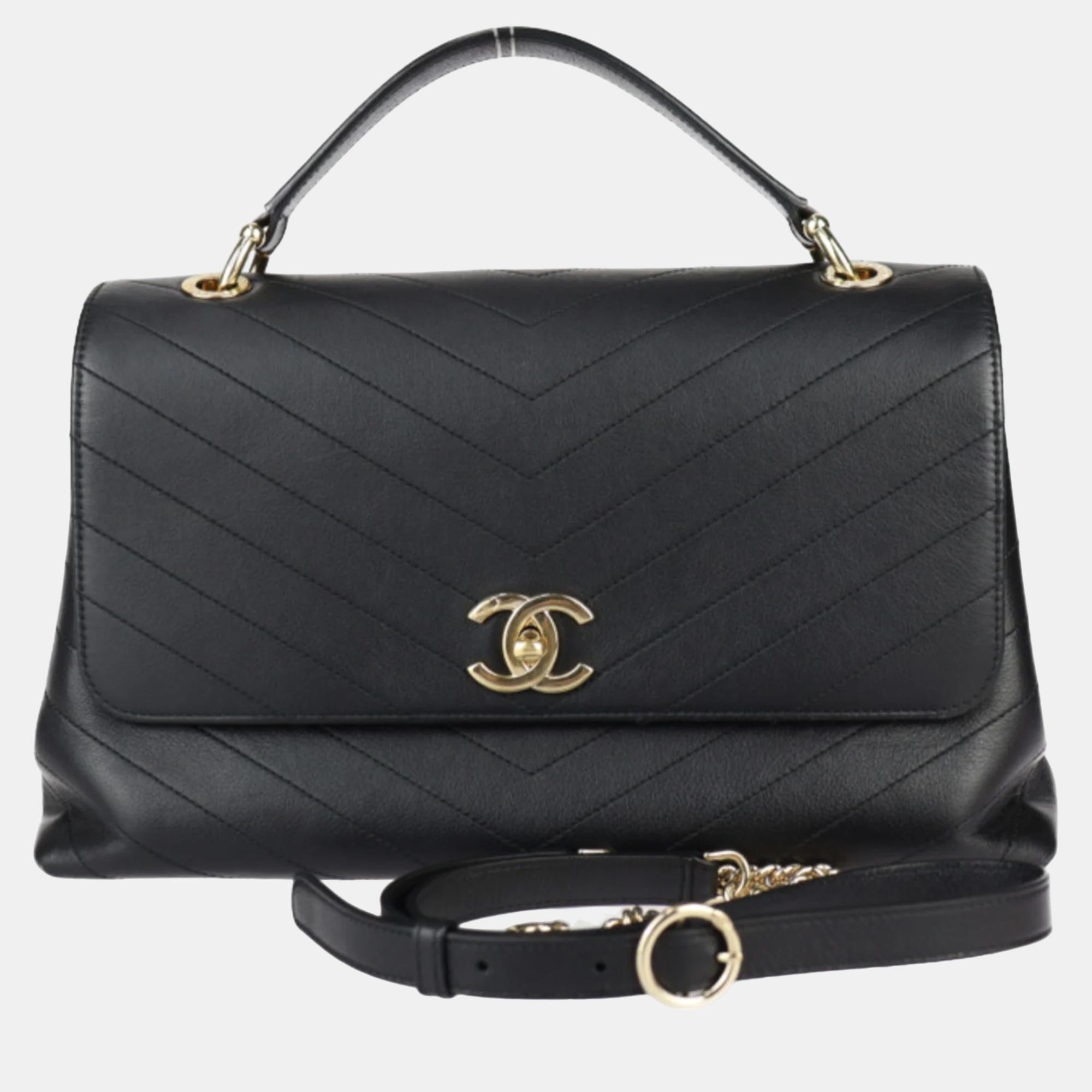 Chanel Black Chevron Calfskin Small Chevron Chic Top Handle Bag