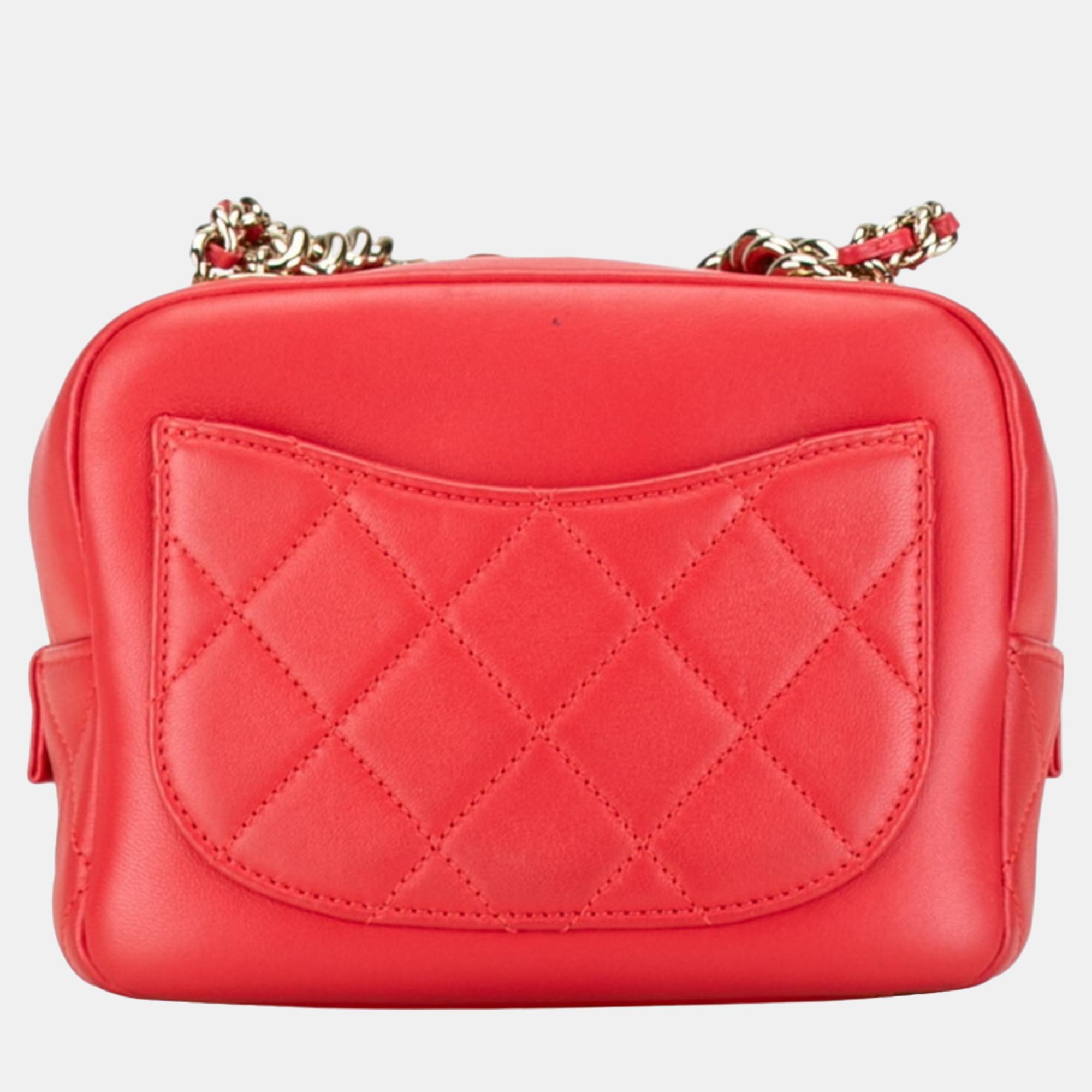 Chanel Red Lambskin Quilted Studded Beauty Begins Shoulder Bag