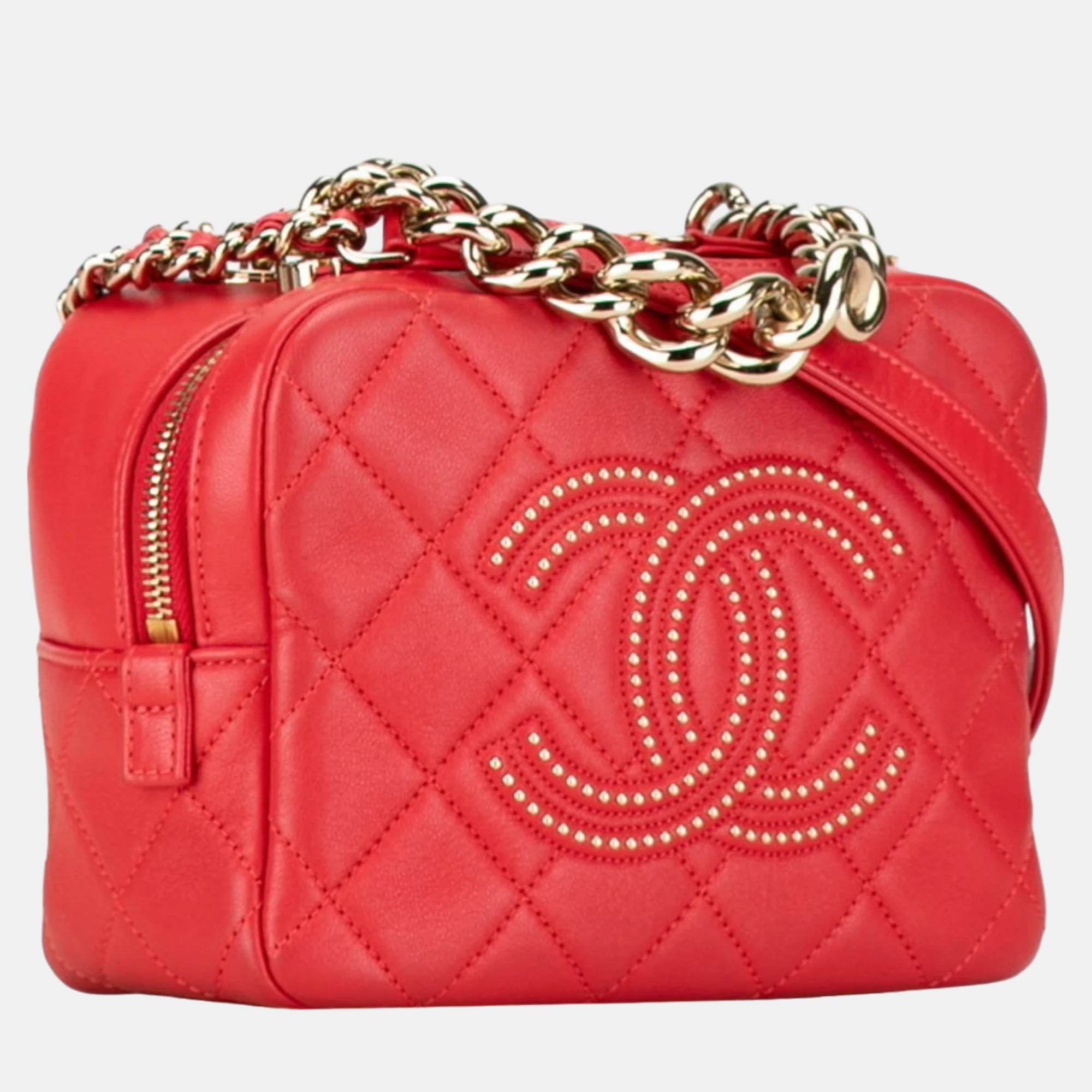 Chanel Red Lambskin Quilted Studded Beauty Begins Shoulder Bag