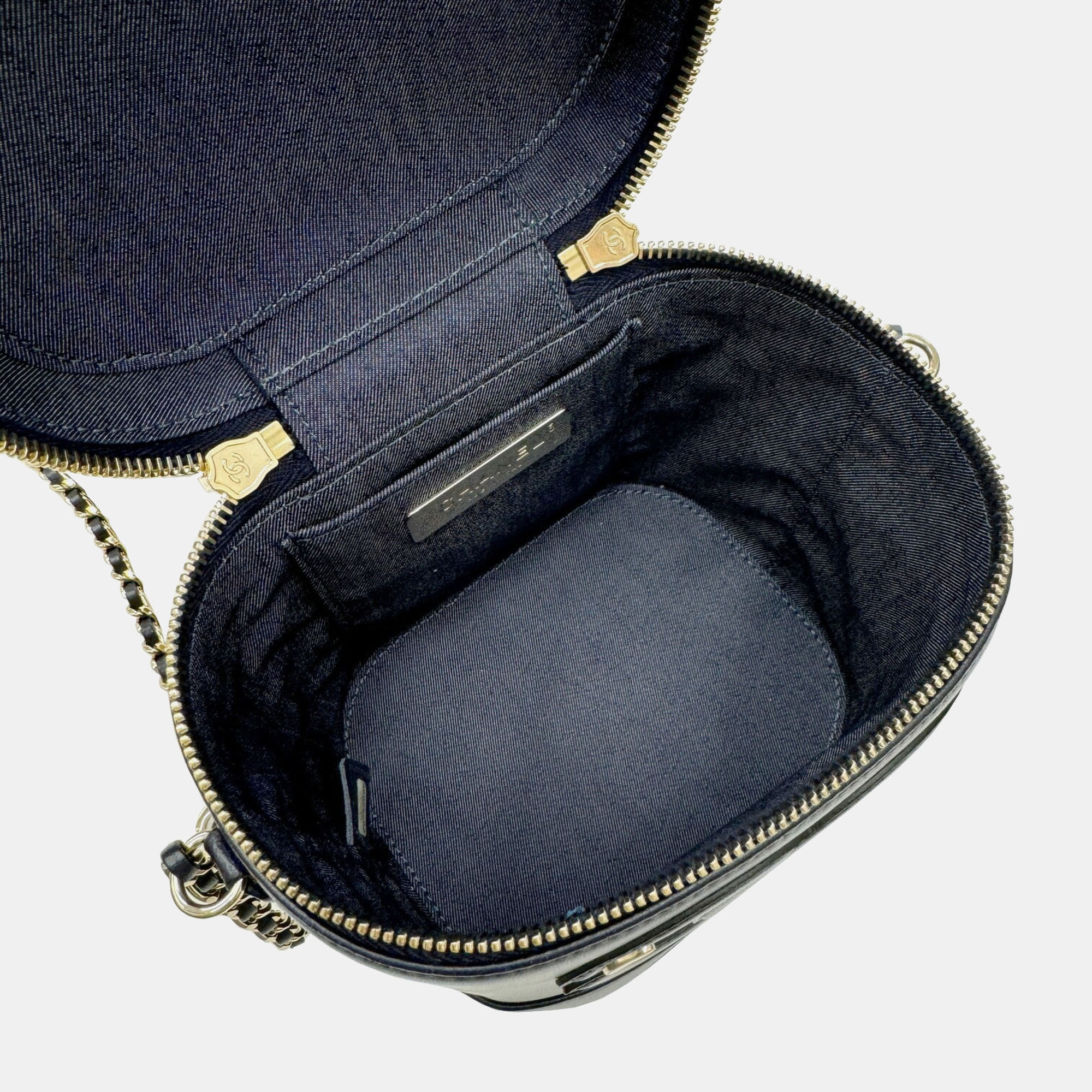 Chanel Navy Blue Lambskin CC Vanity Case With Chain