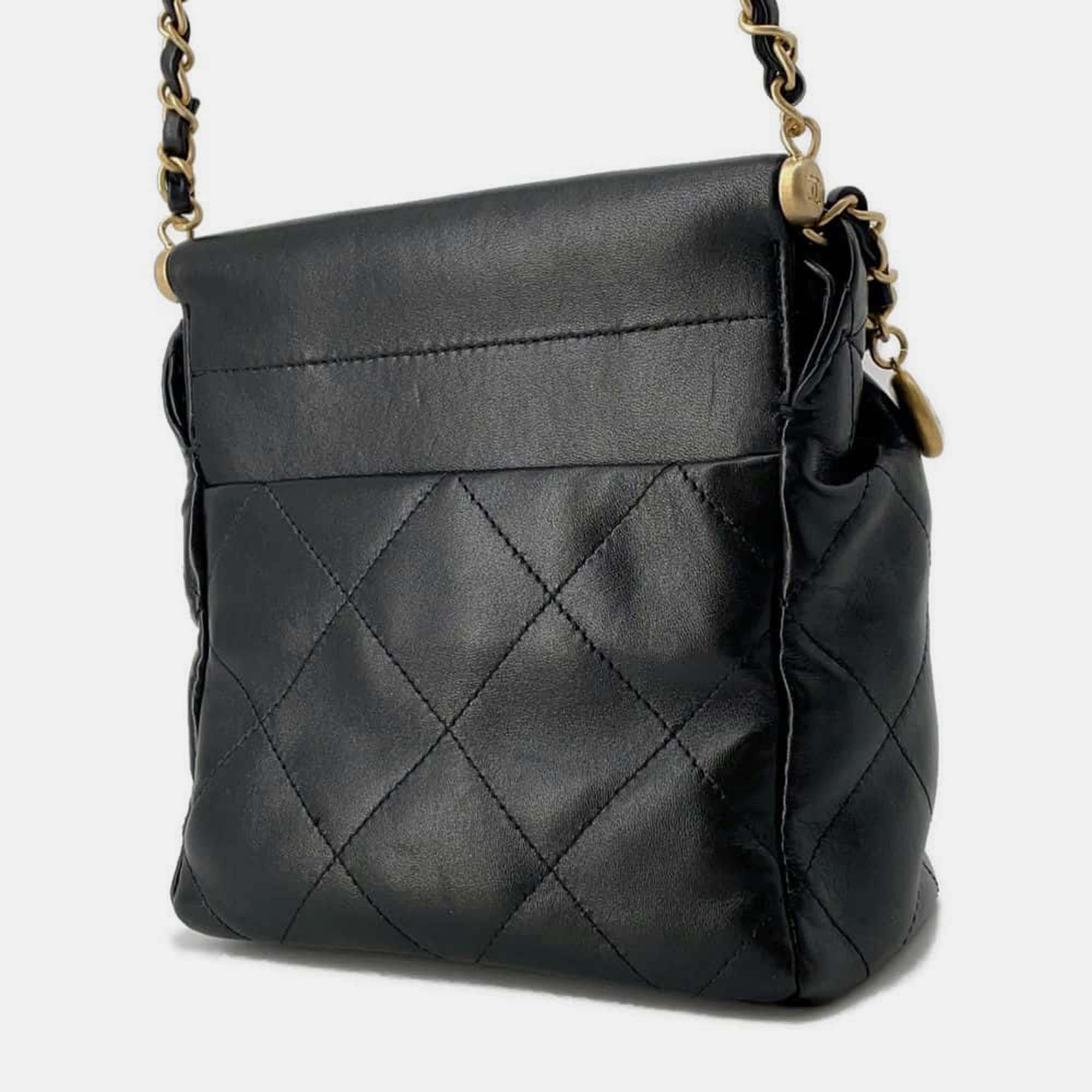 Chanel Black Lambskin Resin Quilted Small Bucket Bag