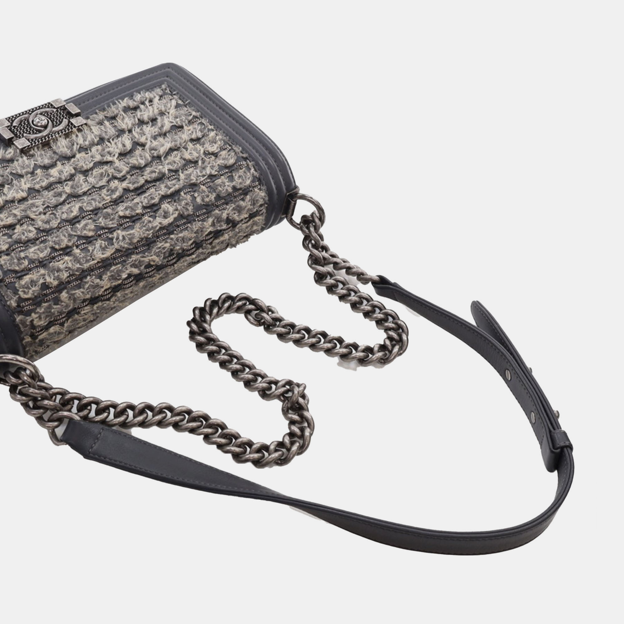 Chanel Gray Tweed And Calfskin Leather Medium Braided Boy Flap Bag