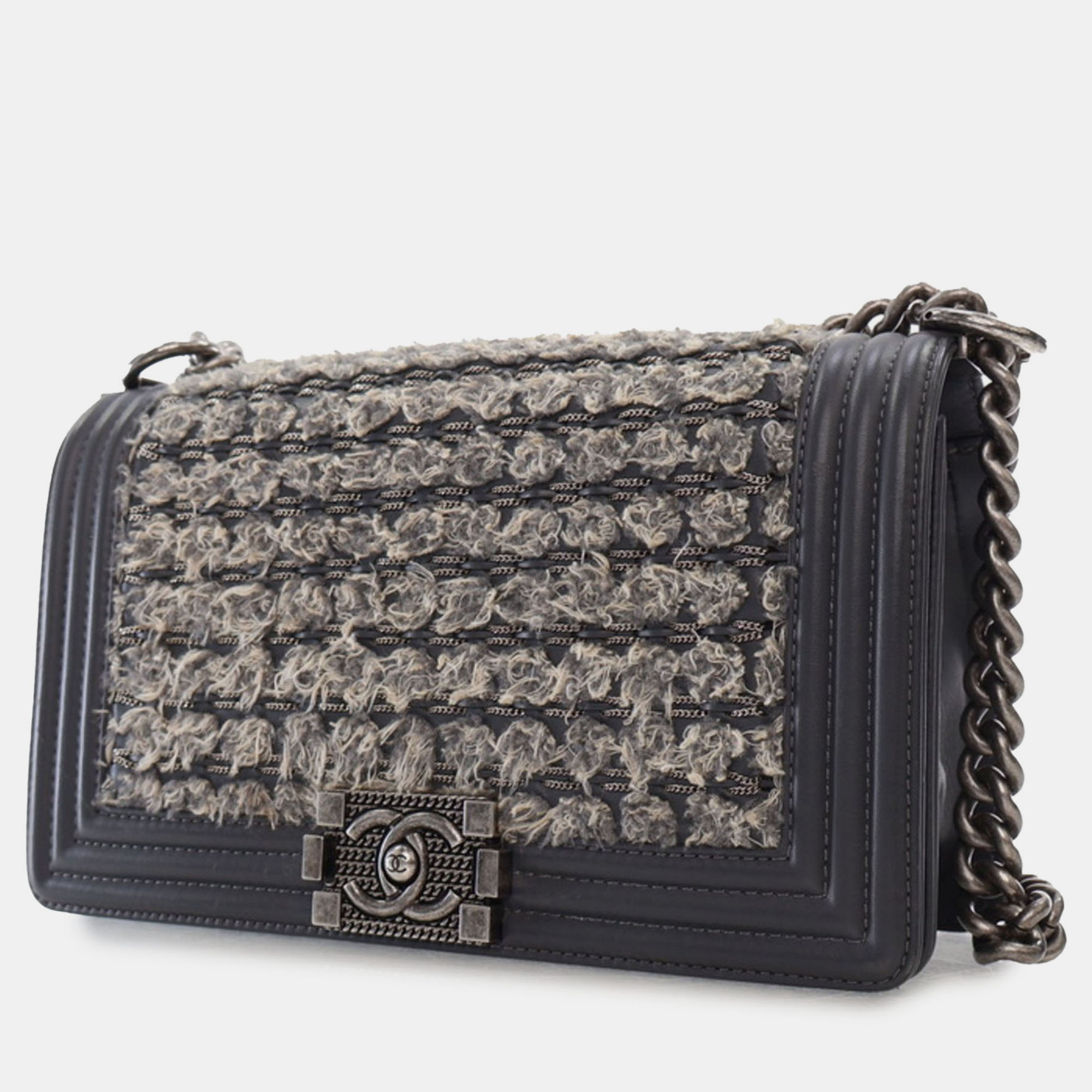 Chanel Gray Tweed And Calfskin Leather Medium Braided Boy Flap Bag