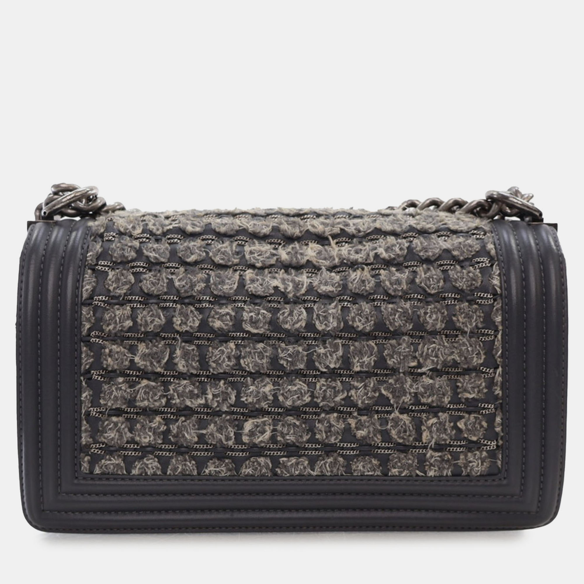 Chanel Gray Tweed And Calfskin Leather Medium Braided Boy Flap Bag