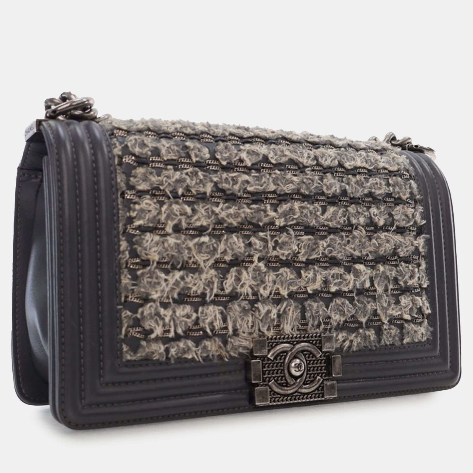 Chanel Gray Tweed And Calfskin Leather Medium Braided Boy Flap Bag