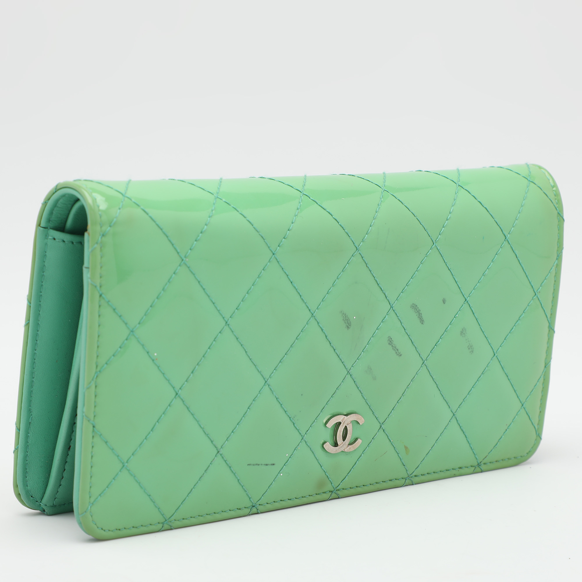 Chanel Green Quilted Patent Leather CC Flap Continental Wallet