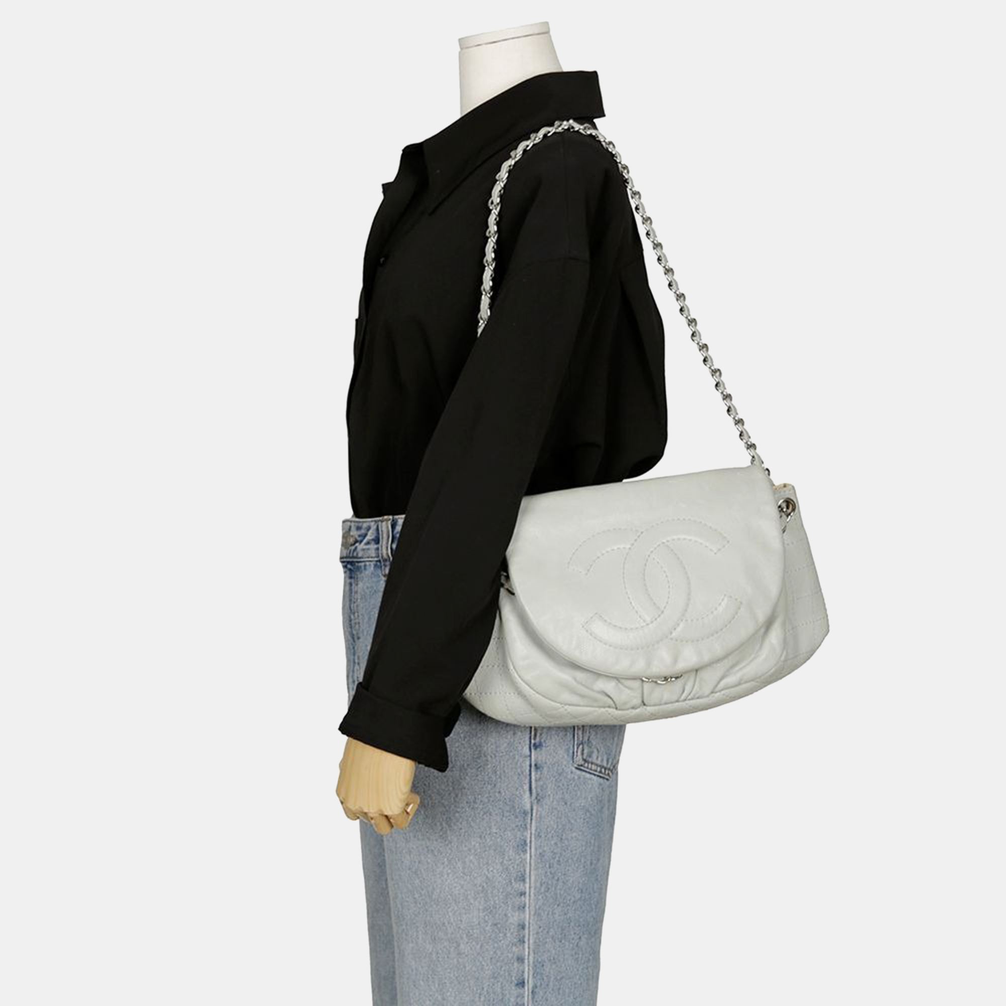 Chanel Grey Leather CC Half Moon Flap Bag