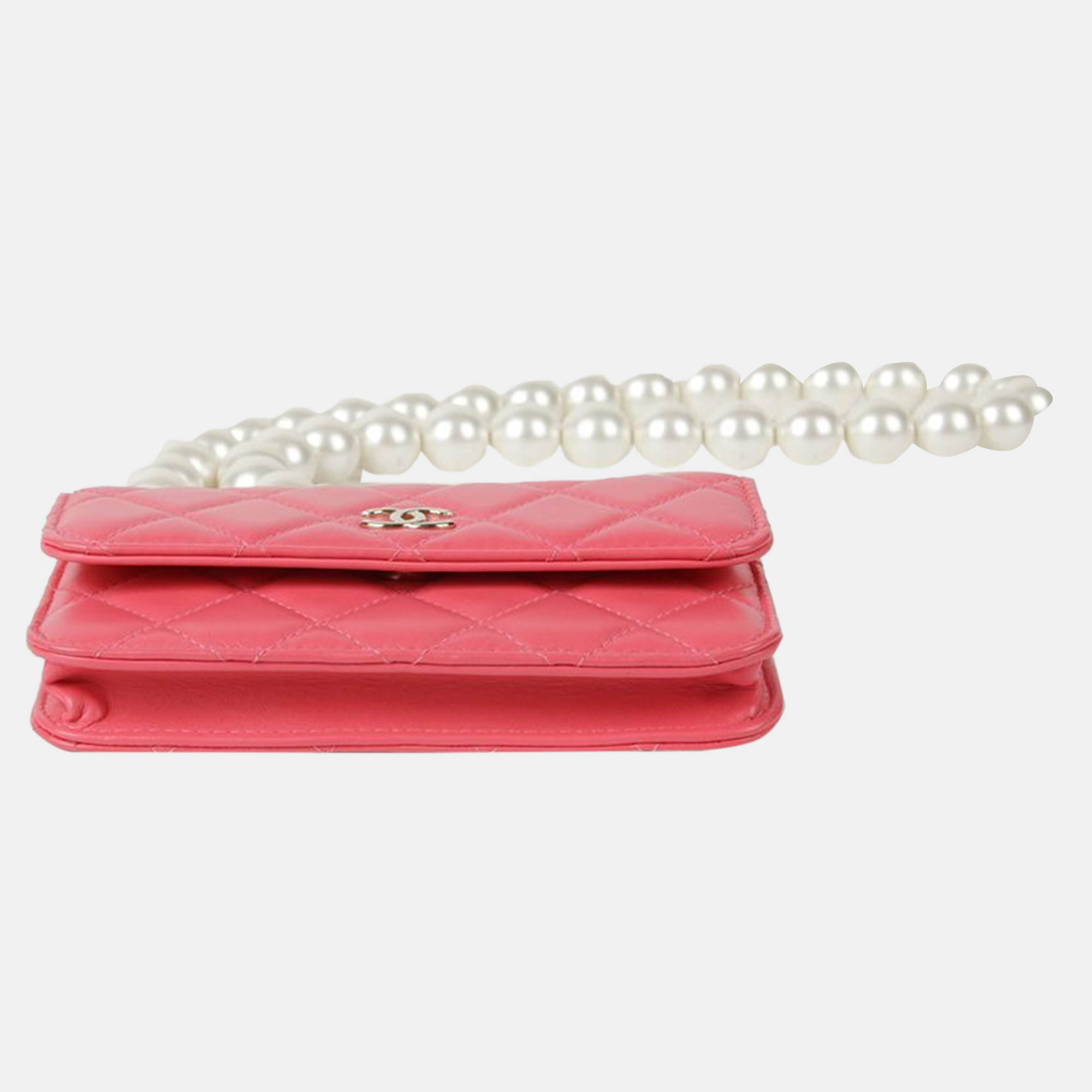 Chanel Pink Leather Pearl Mini Wallet On Chain