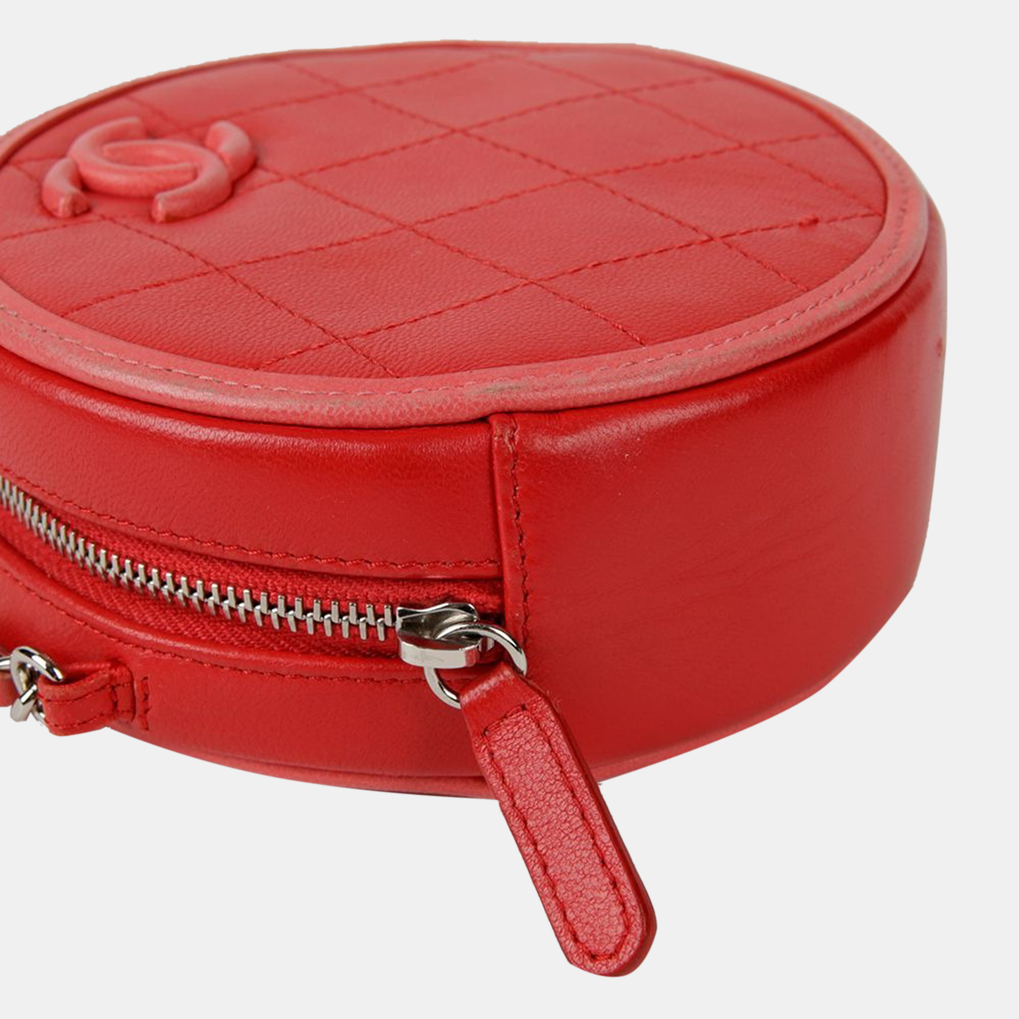 Chanel Red Quilted Lambskin Color Pop Round Clutch With Chain