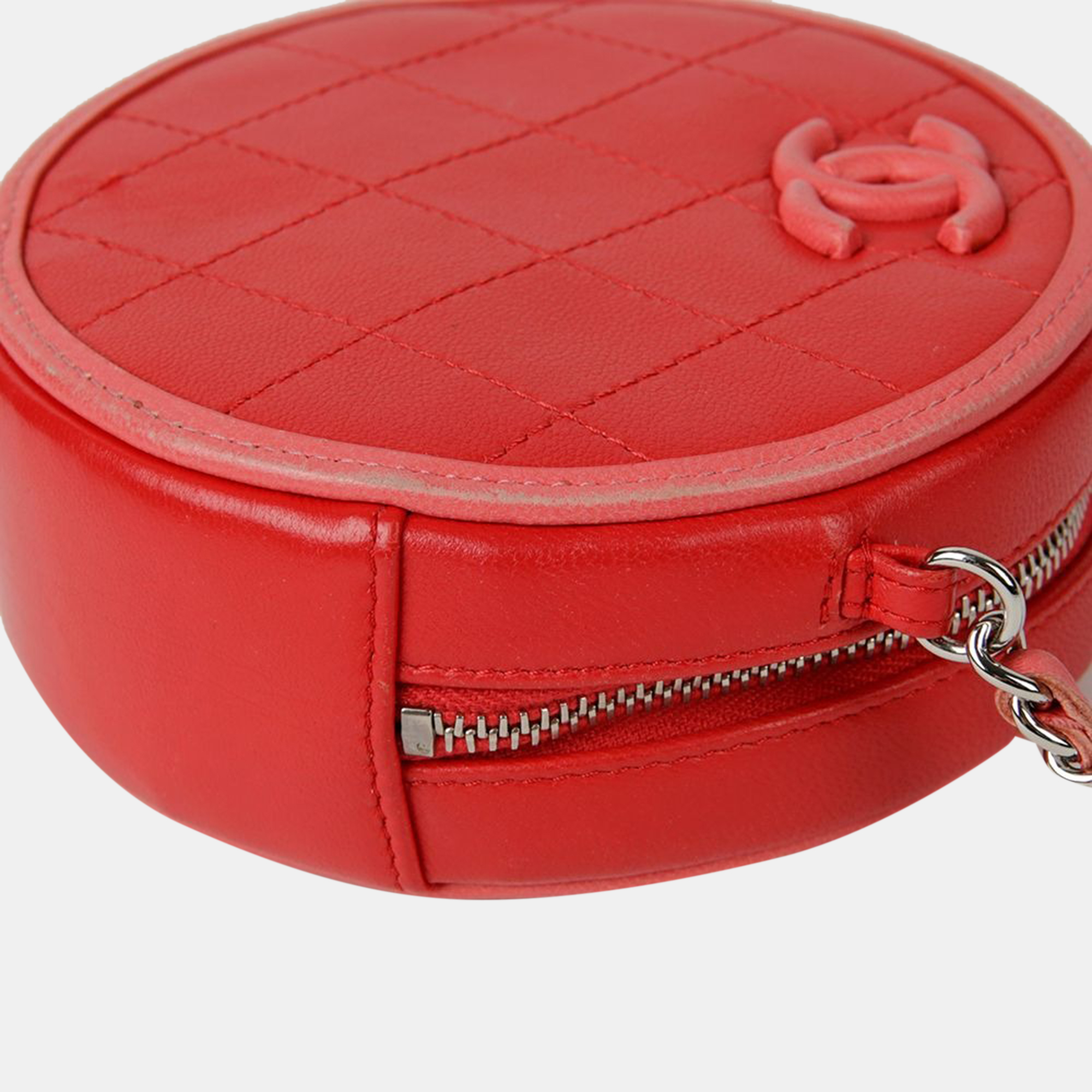 Chanel Red Quilted Lambskin Color Pop Round Clutch With Chain