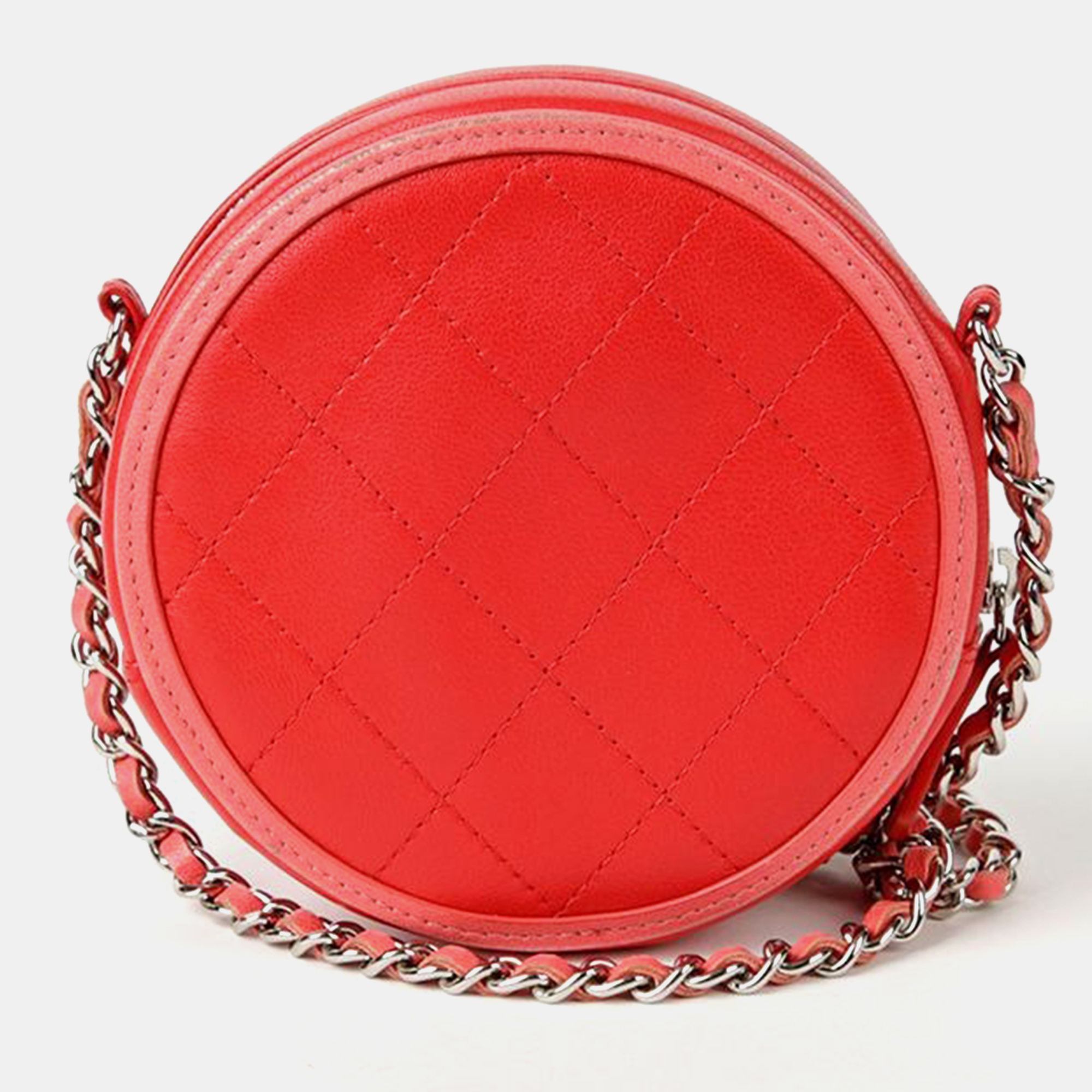 Chanel Red Quilted Lambskin Color Pop Round Clutch With Chain