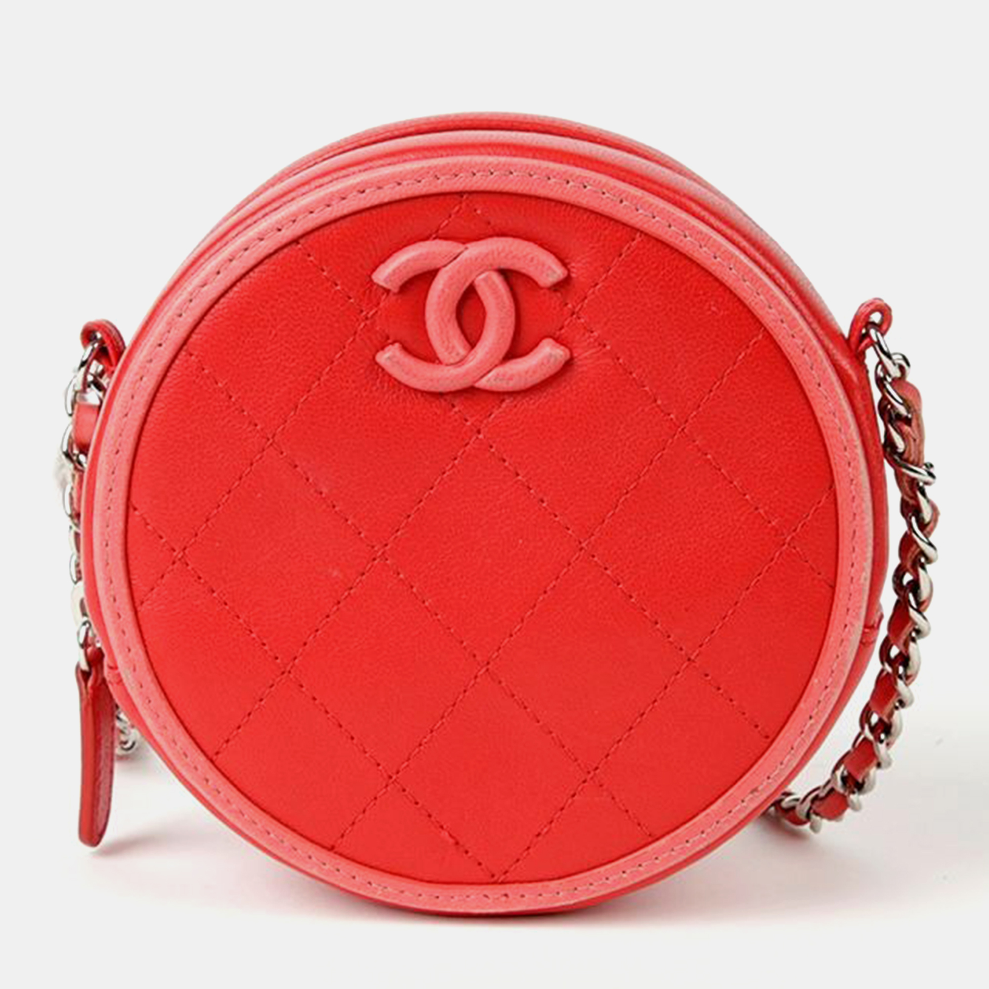 Chanel Red Quilted Lambskin Color Pop Round Clutch With Chain