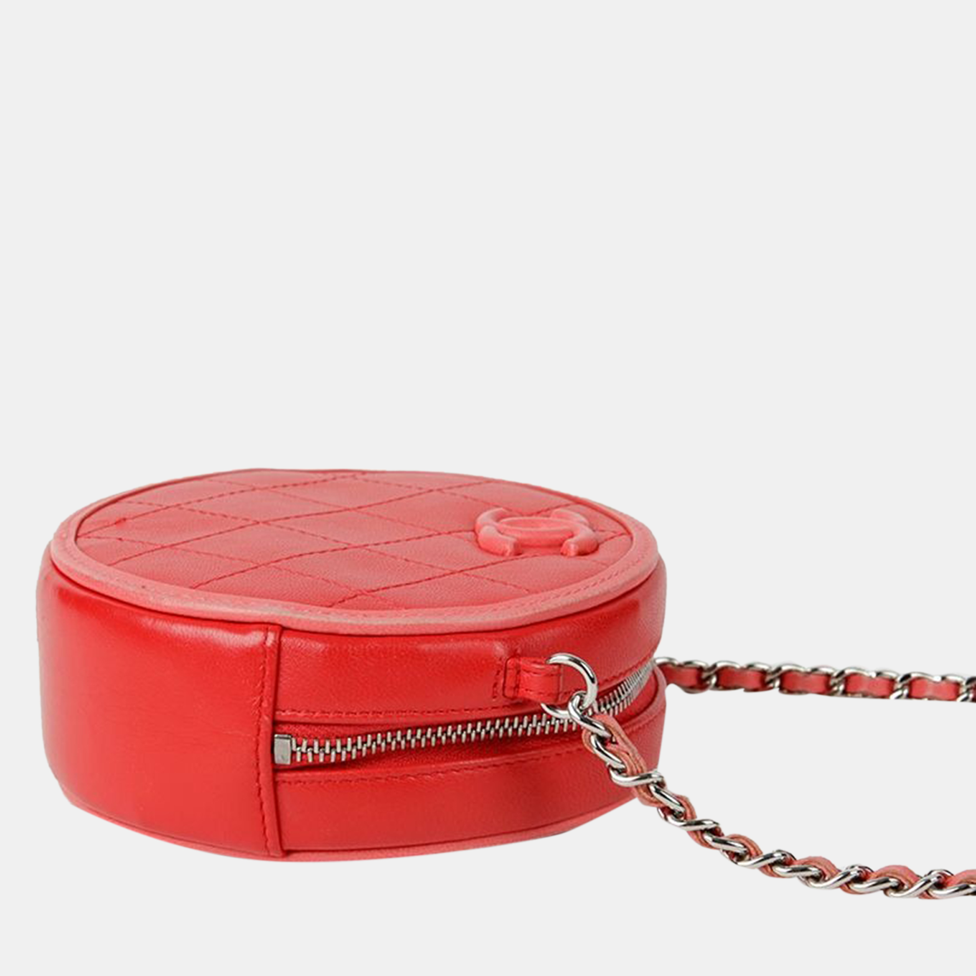 Chanel Red Quilted Lambskin Color Pop Round Clutch With Chain