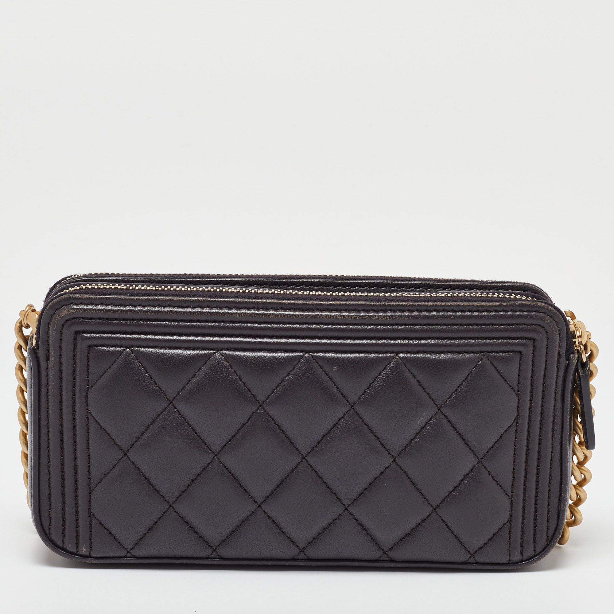 Chanel Grey Quilted Leather Boy Double Zip Chain Clutch