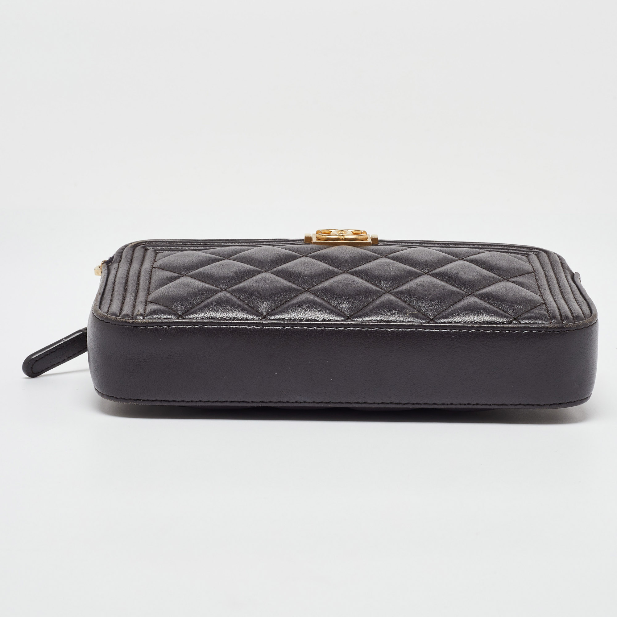 Chanel Grey Quilted Leather Boy Double Zip Chain Clutch