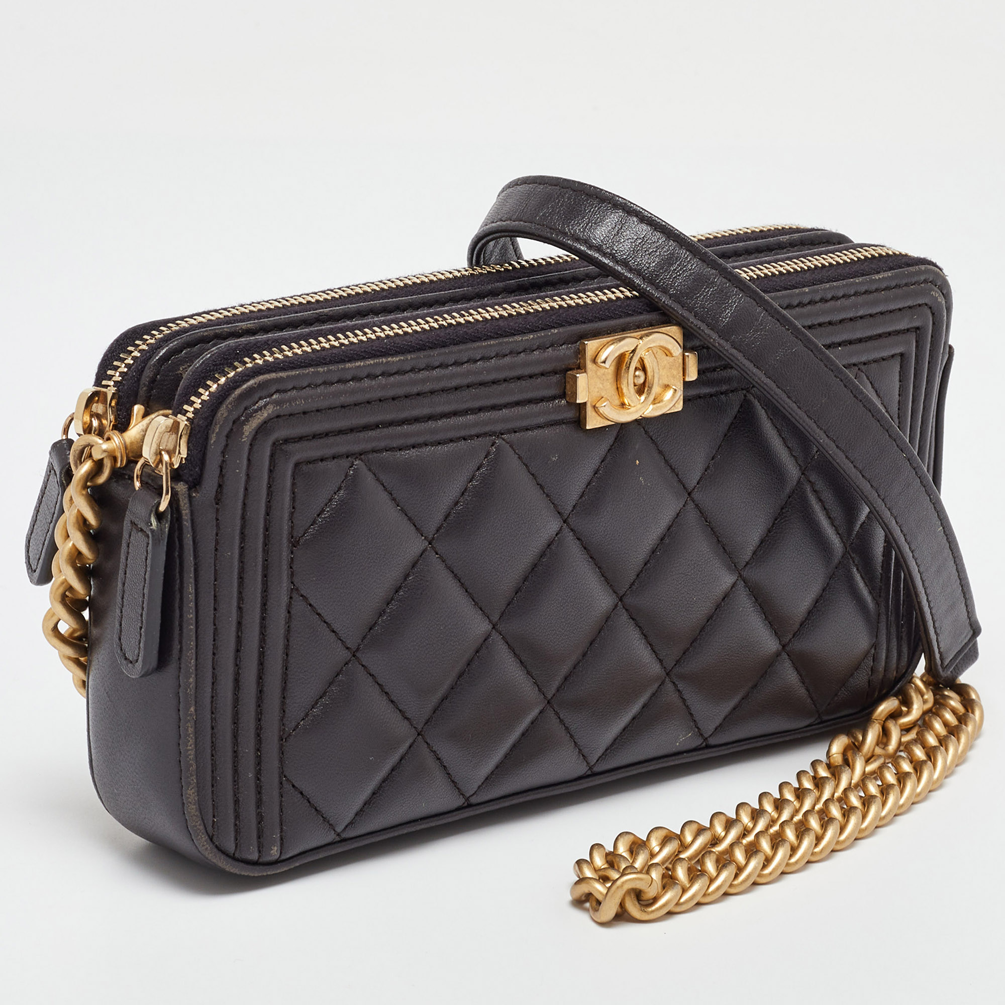 Chanel Grey Quilted Leather Boy Double Zip Chain Clutch