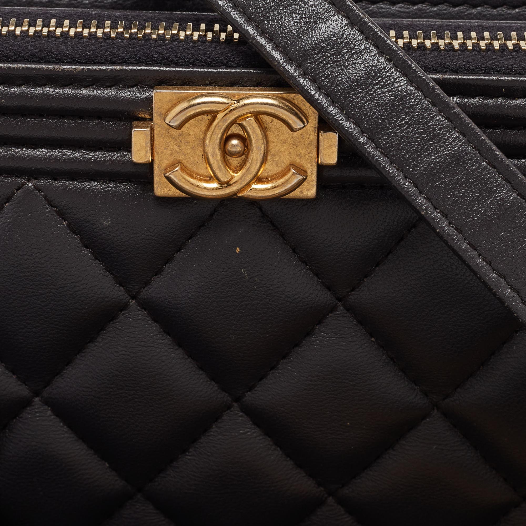 Chanel Grey Quilted Leather Boy Double Zip Chain Clutch