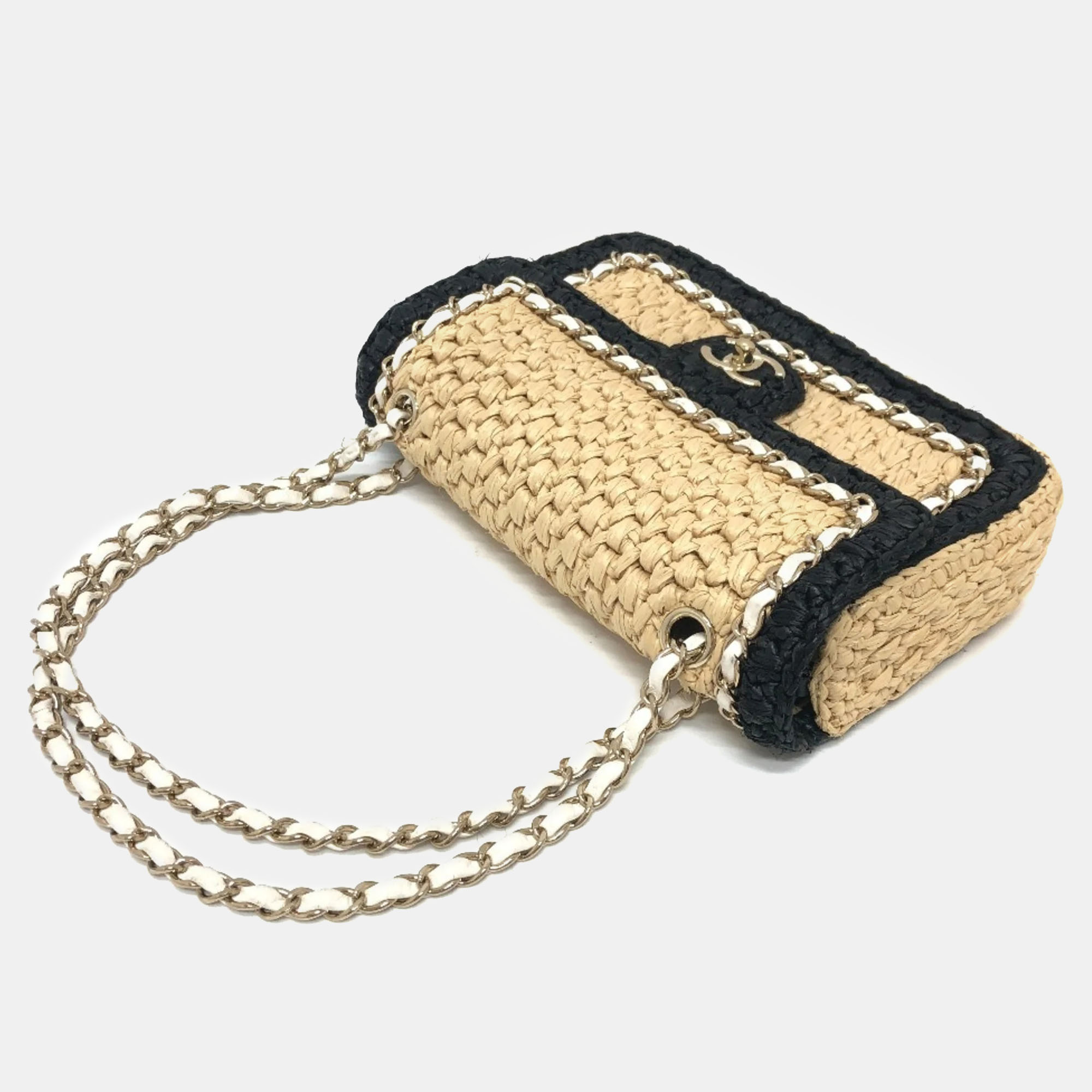 Chanel Beige/Black Raffia Flap Bag