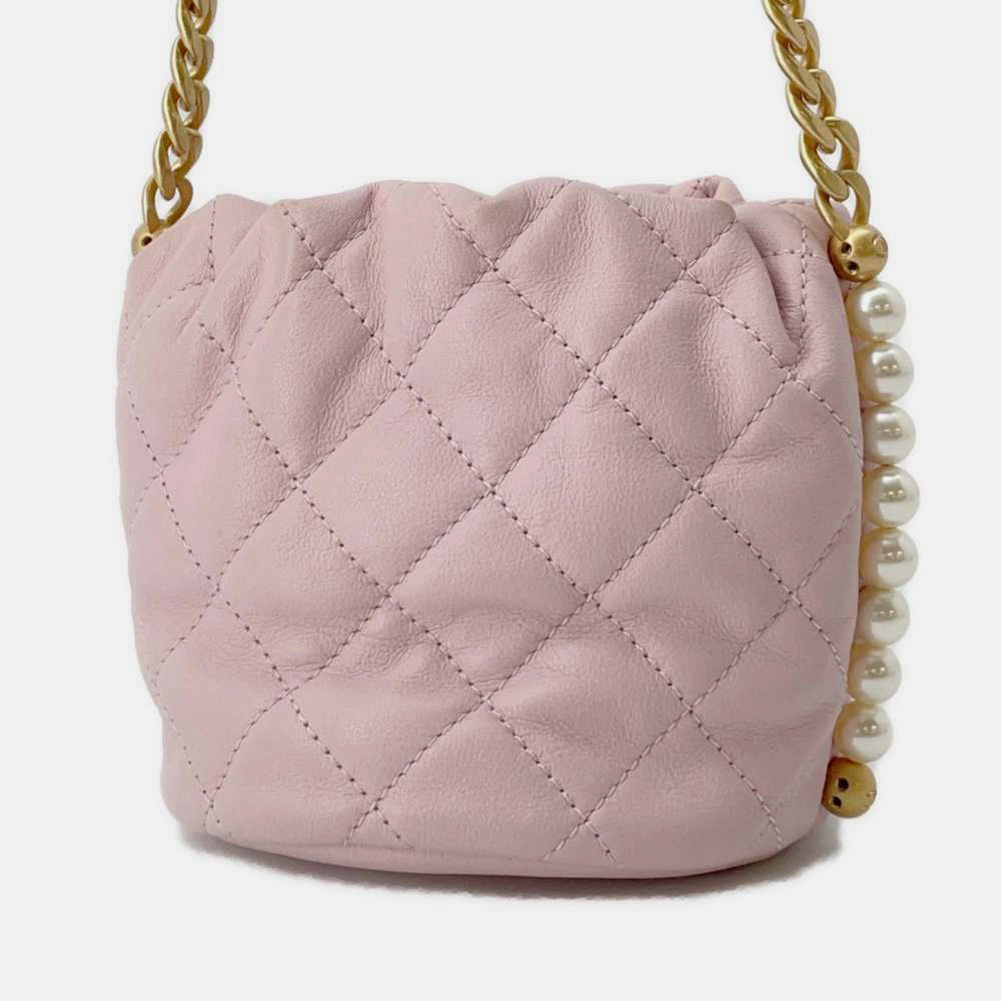 Chanel Light Pink Calfskin Quilted Pearl Mini About Pearls Drawstring Bucket Bag