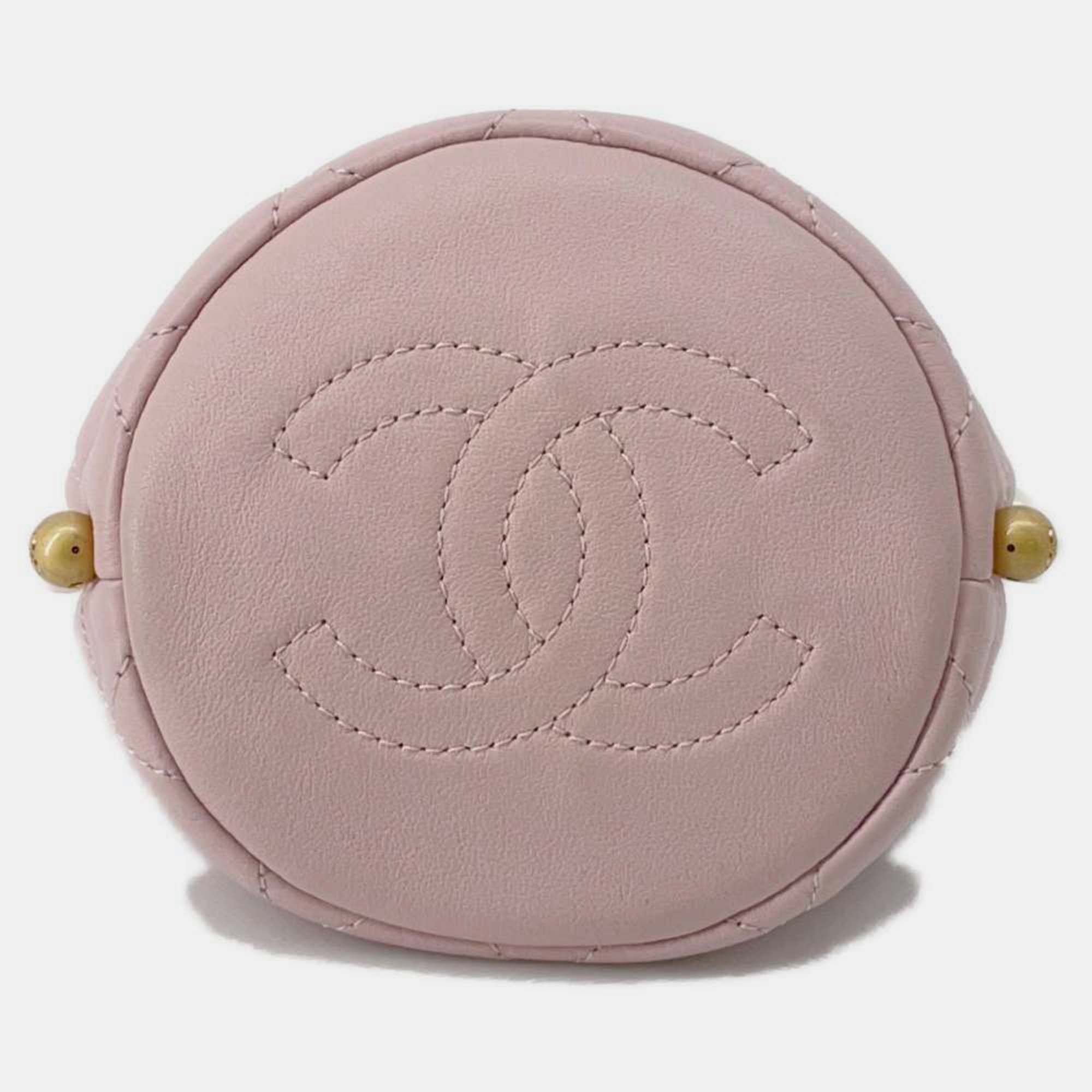 Chanel Light Pink Calfskin Quilted Pearl Mini About Pearls Drawstring Bucket Bag