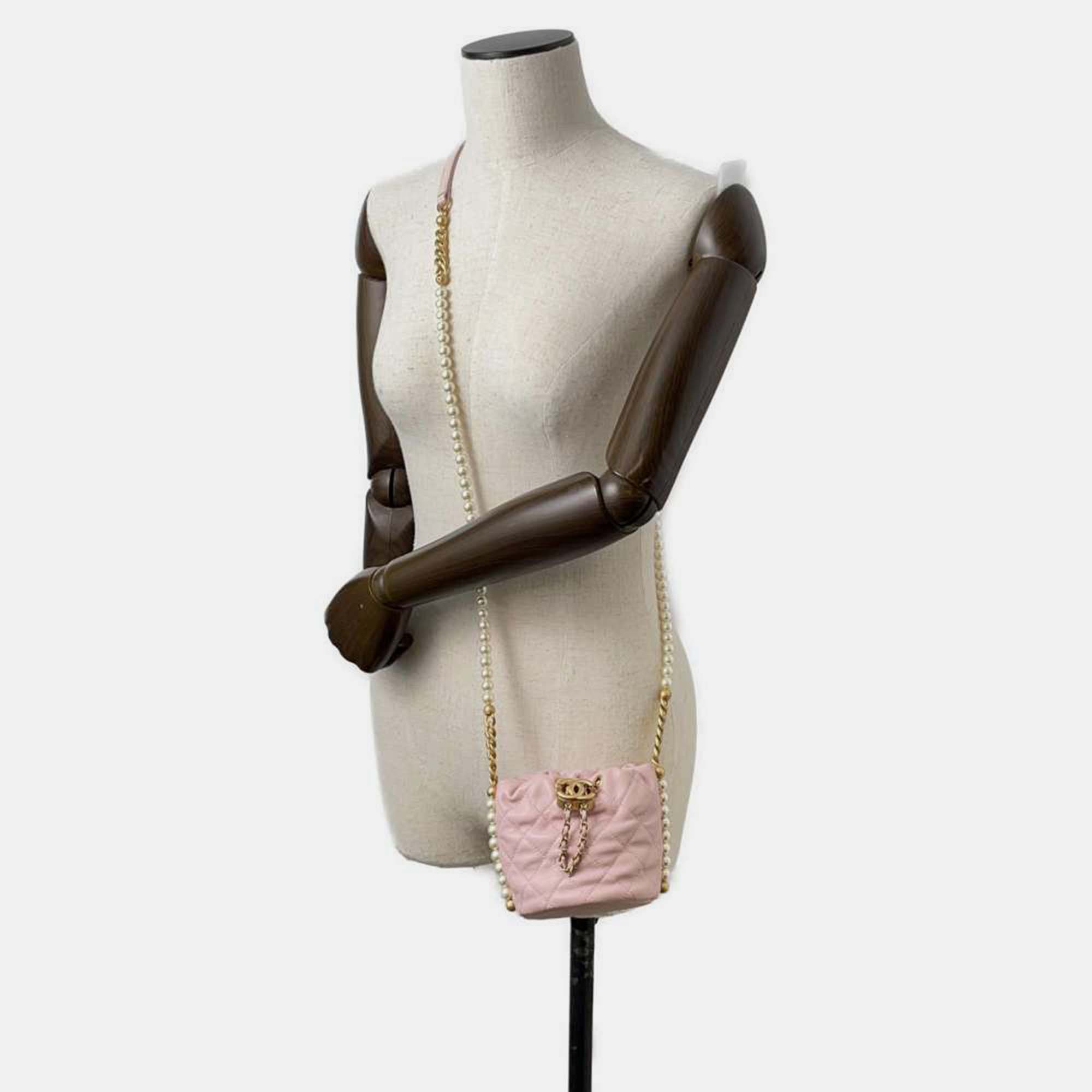 Chanel Light Pink Calfskin Quilted Pearl Mini About Pearls Drawstring Bucket Bag