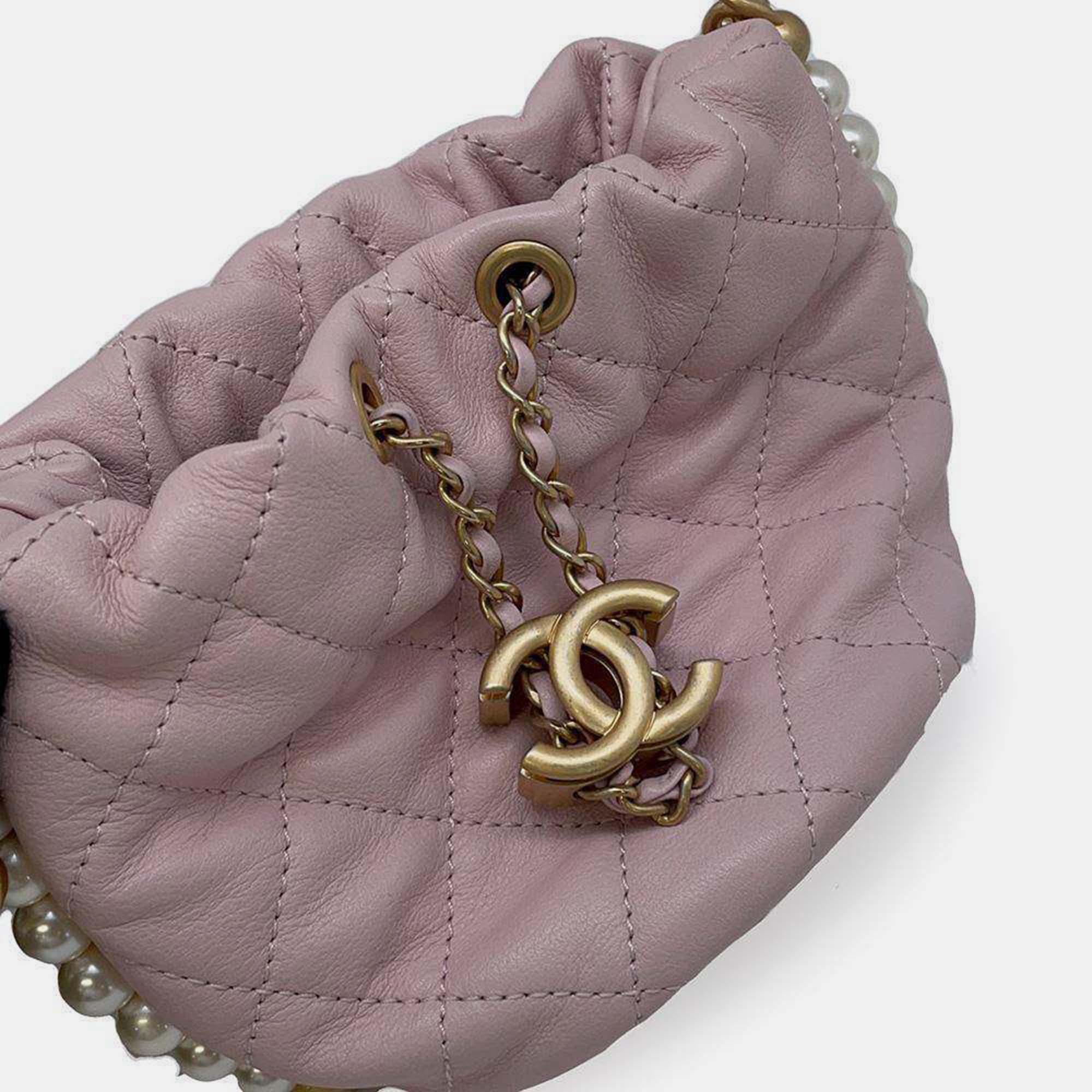 Chanel Light Pink Calfskin Quilted Pearl Mini About Pearls Drawstring Bucket Bag