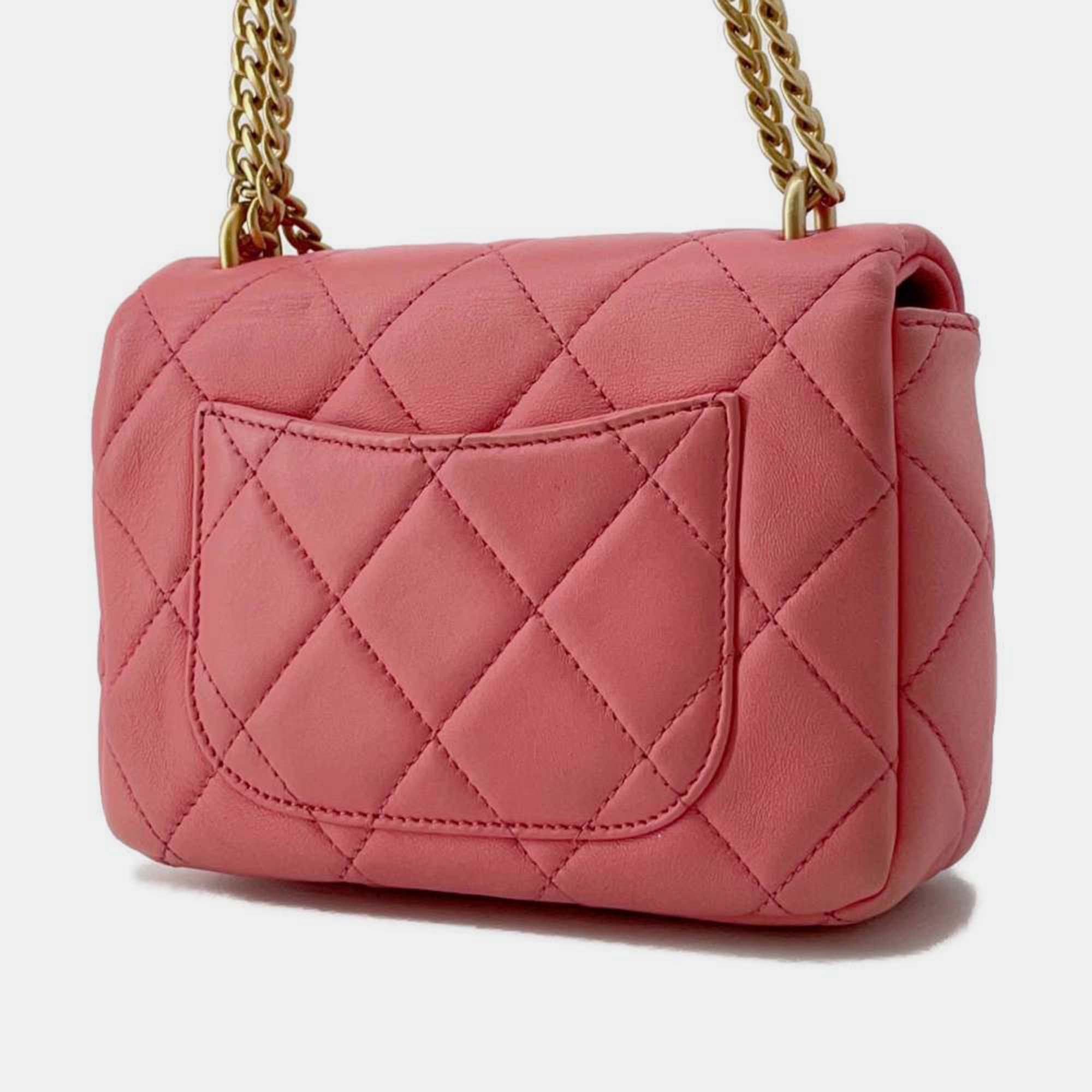 Chanel Pink Lambskin Enamel Quilted Pending CC Mini Square Flap Bag