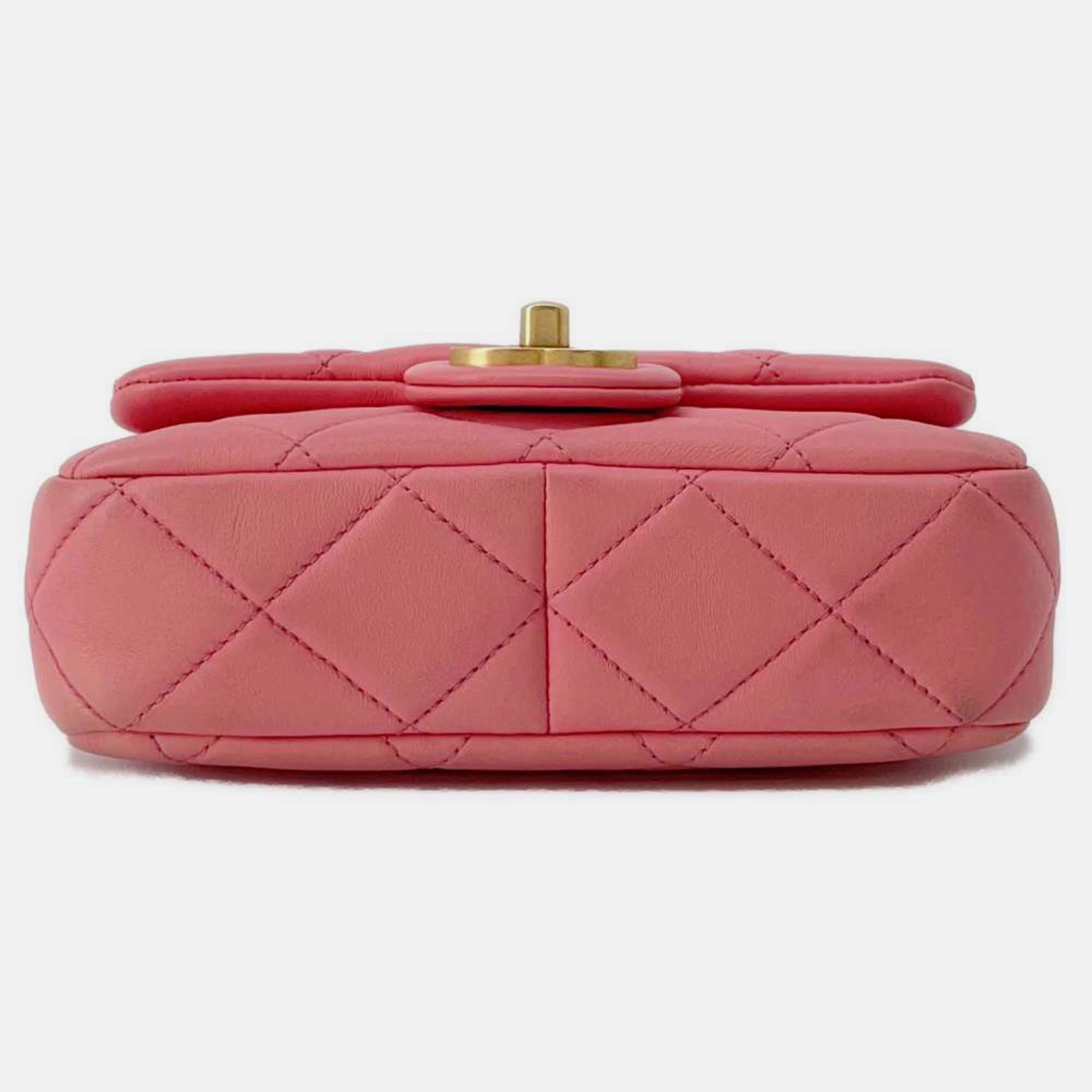 Chanel Pink Lambskin Enamel Quilted Pending CC Mini Square Flap Bag