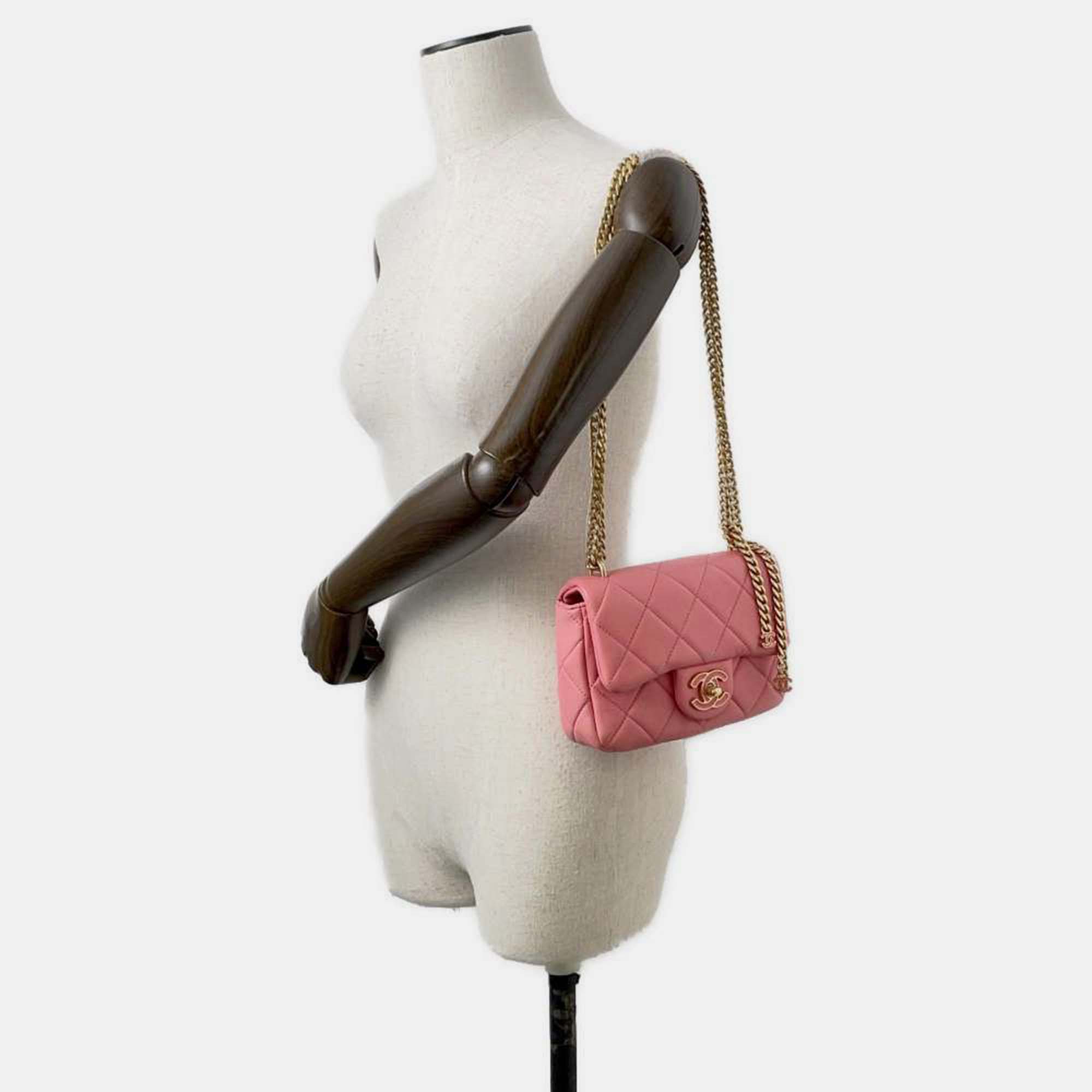 Chanel Pink Lambskin Enamel Quilted Pending CC Mini Square Flap Bag