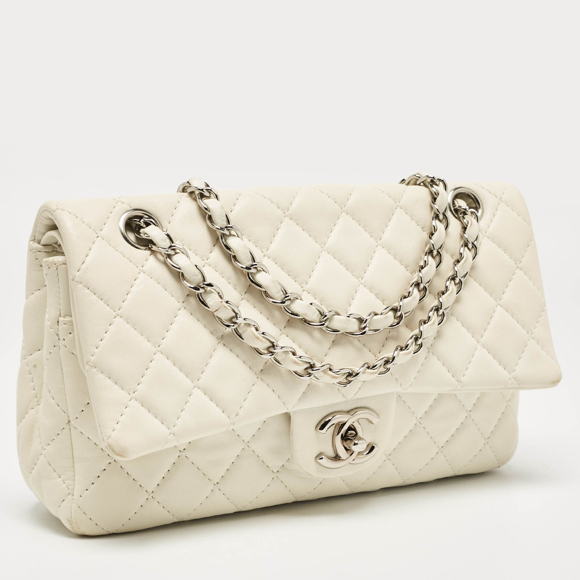 Chanel White Quilted Leather Medium Classic Double Flap Bag