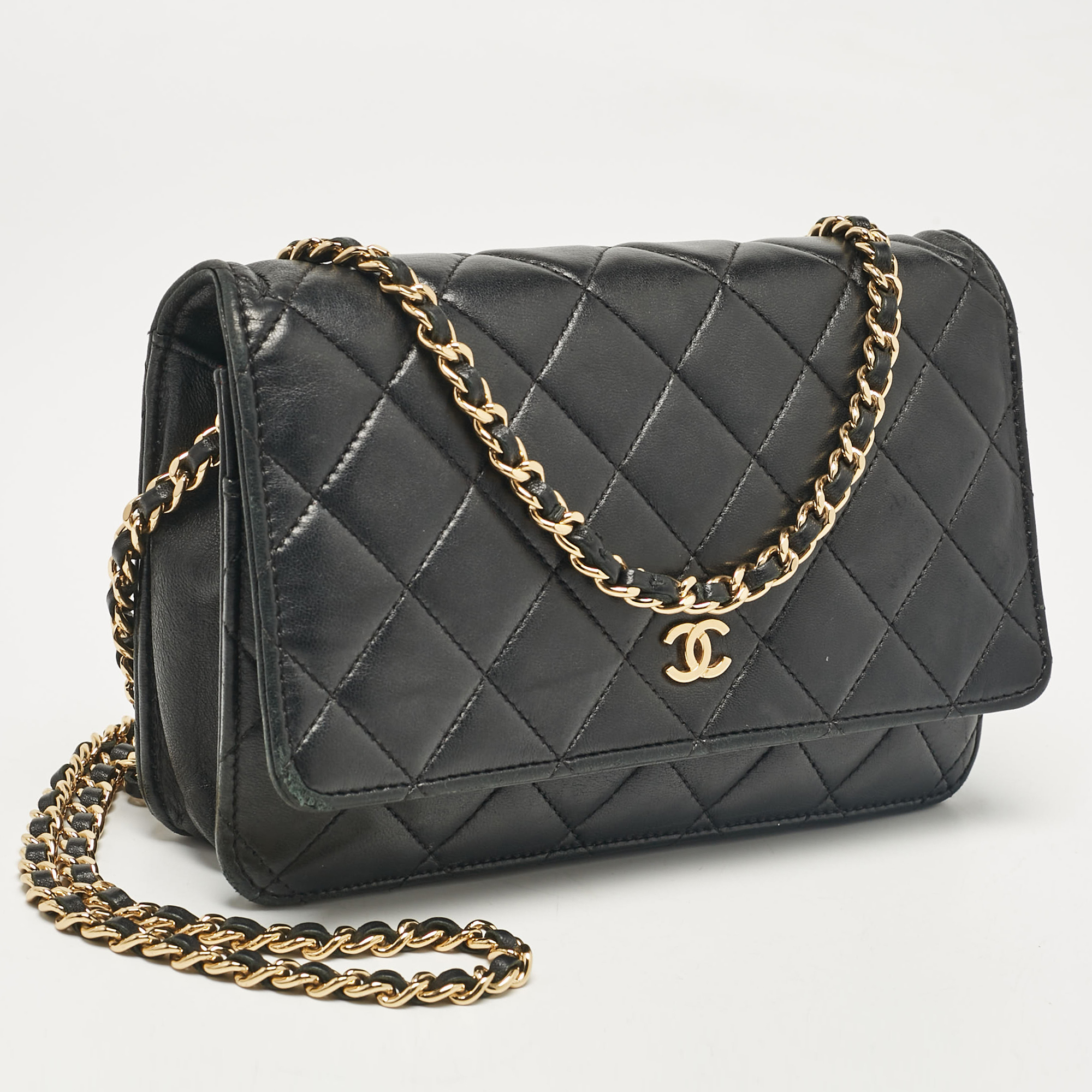 Chanel Black Quilted Leather Classic Wallet On Chain