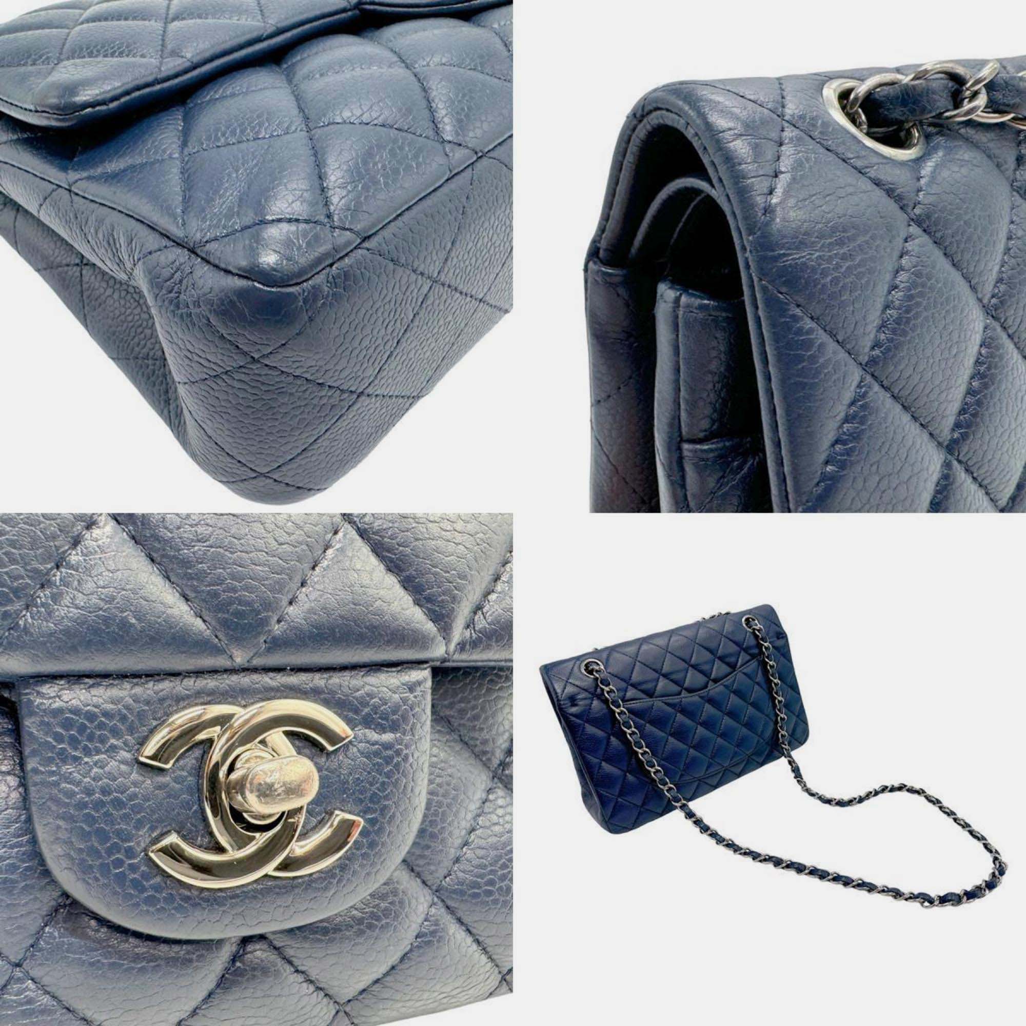 Chanel Navy Blue Leather Medium Classic Double Flap Shoulder Bag