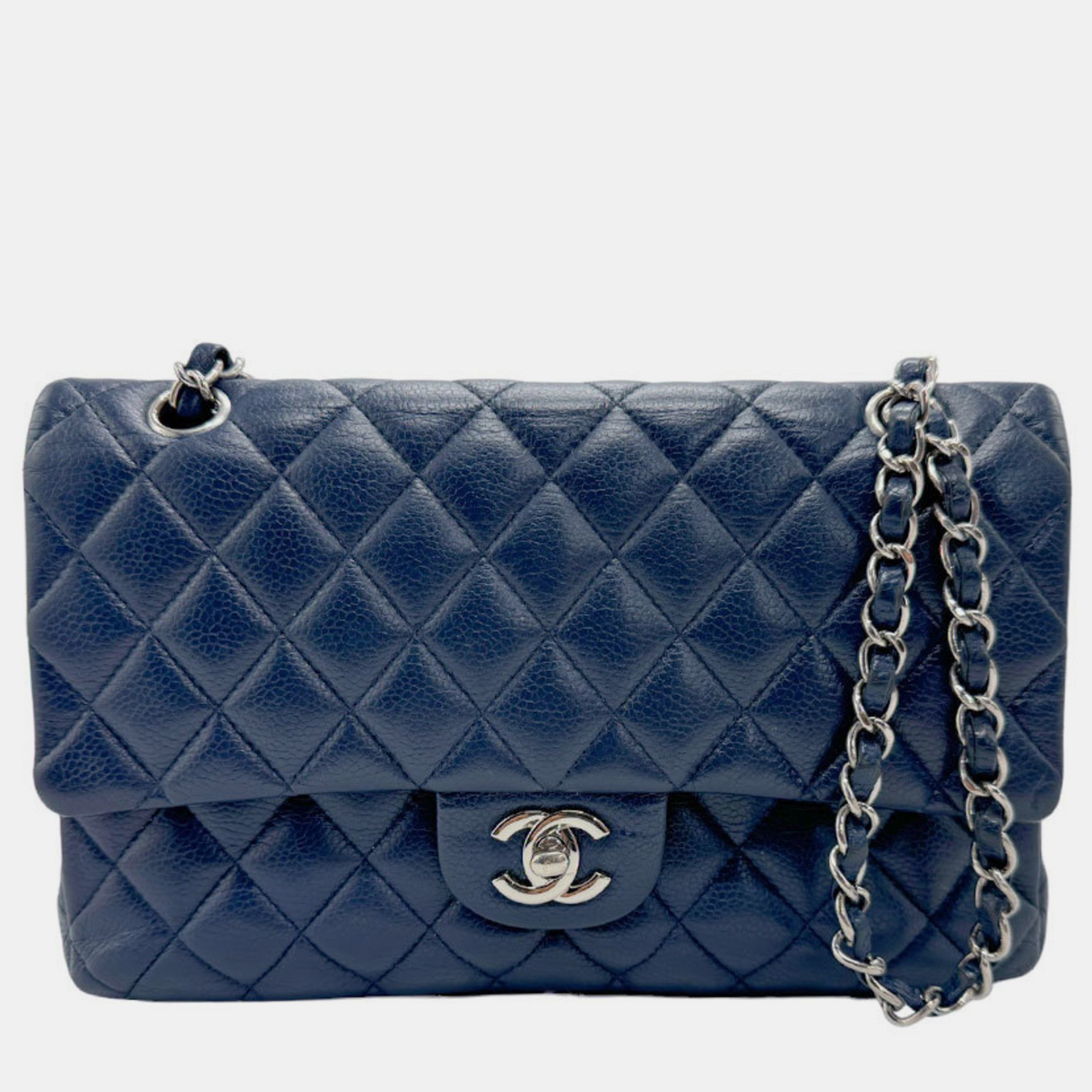 Chanel Navy Blue Leather Medium Classic Double Flap Shoulder Bag