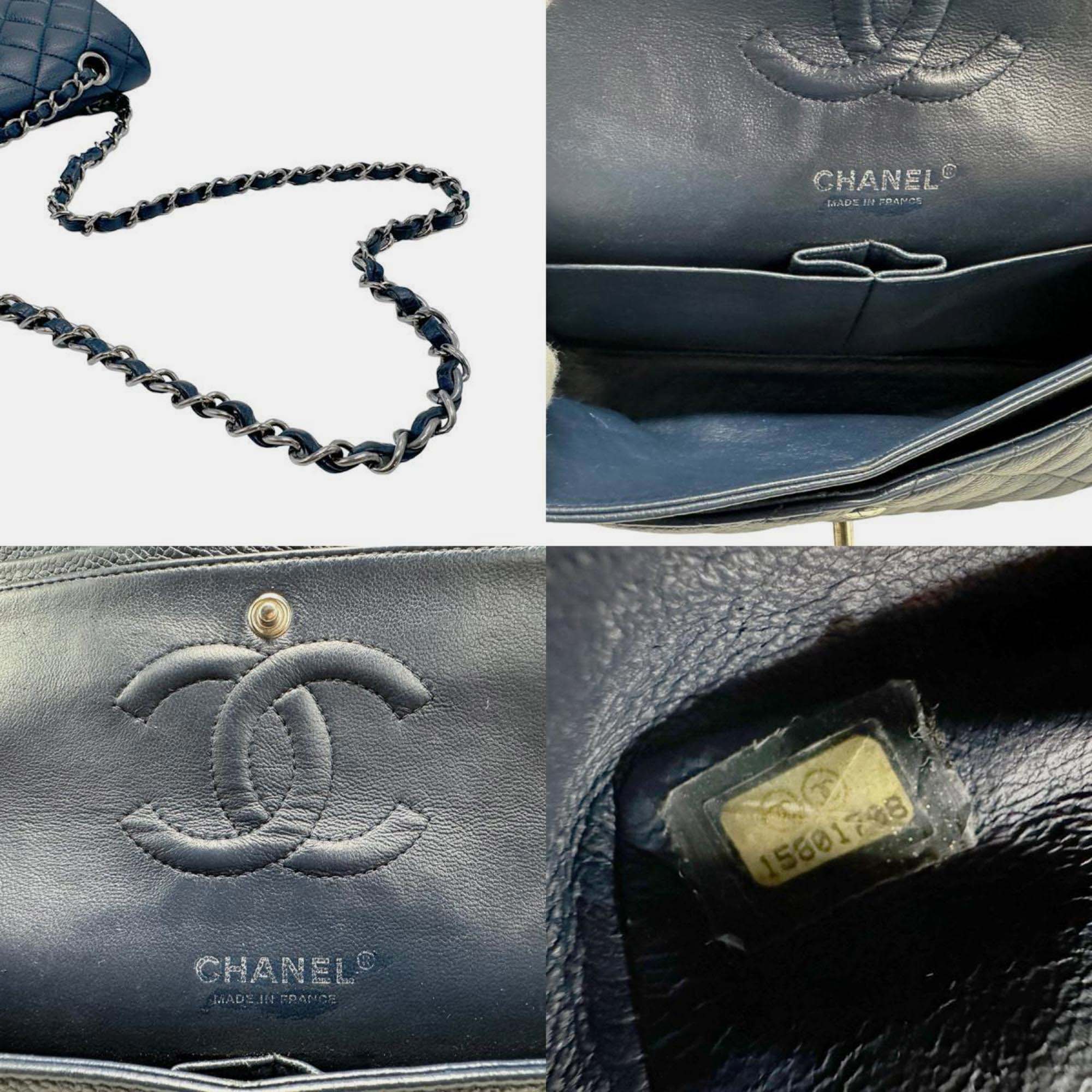 Chanel Navy Blue Leather Medium Classic Double Flap Shoulder Bag