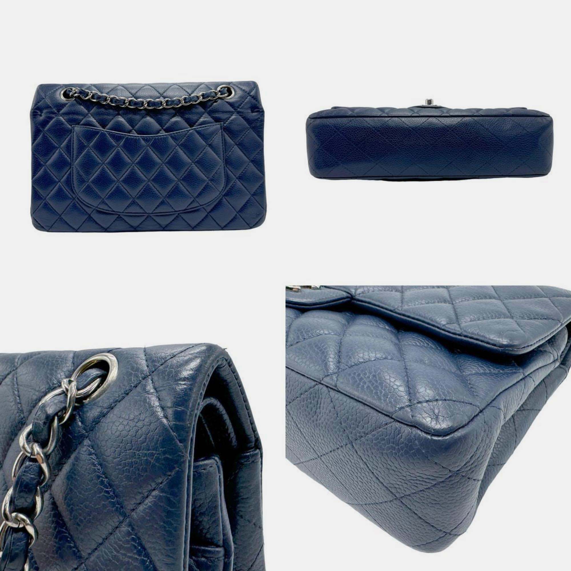 Chanel Navy Blue Leather Medium Classic Double Flap Shoulder Bag