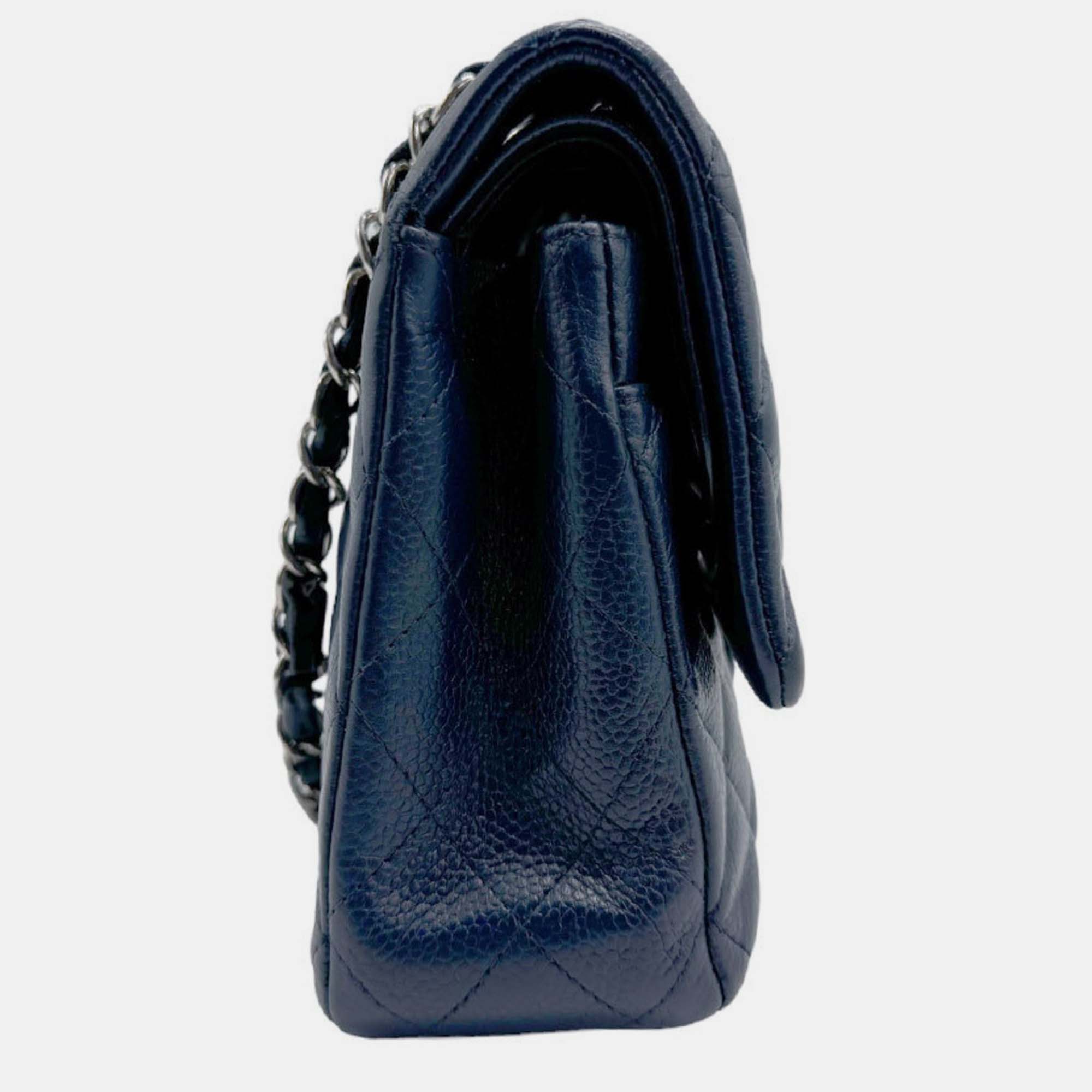 Chanel Navy Blue Leather Medium Classic Double Flap Shoulder Bag