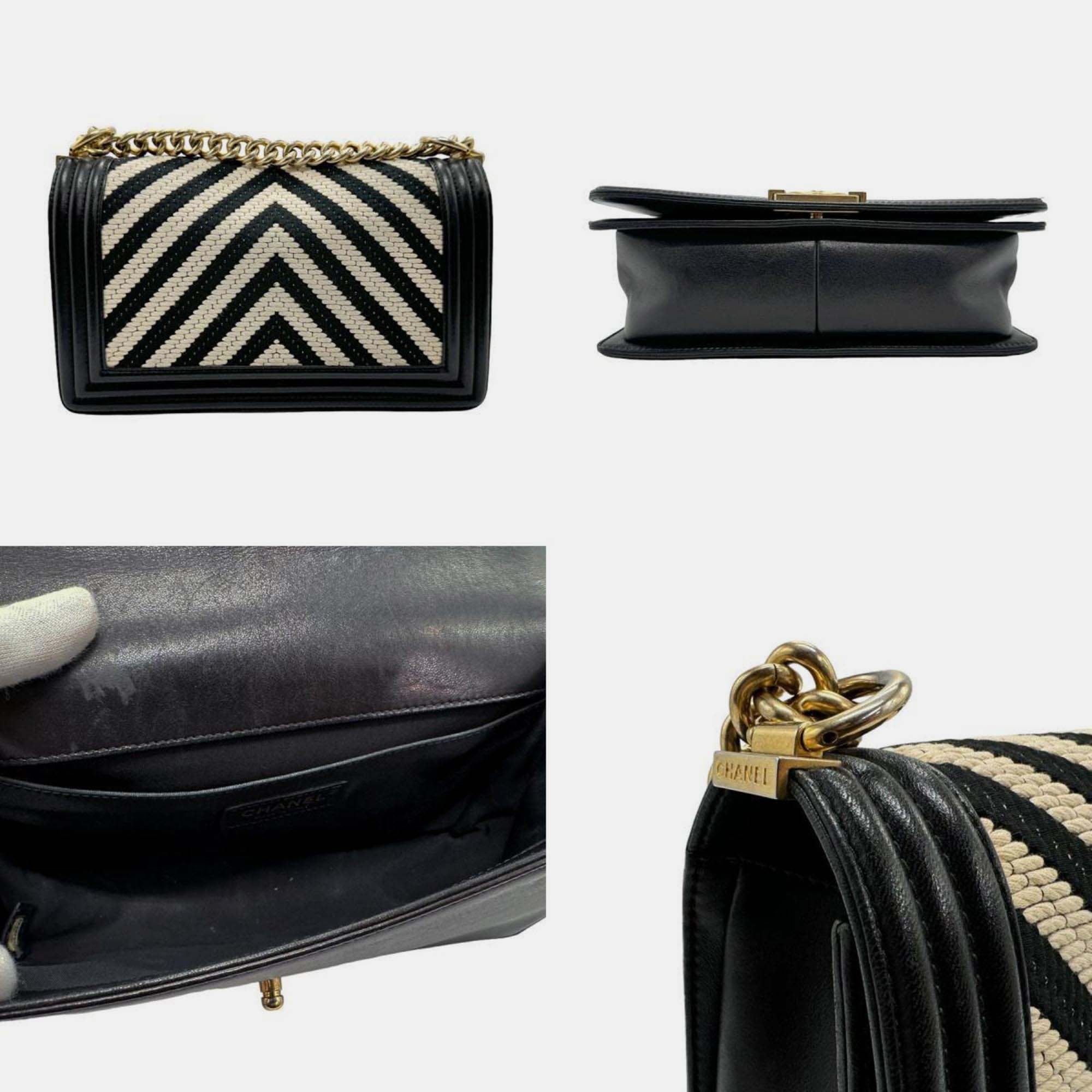 Chanel Black/Ivory Leather Medium Chevron Boy Shoulder Bags