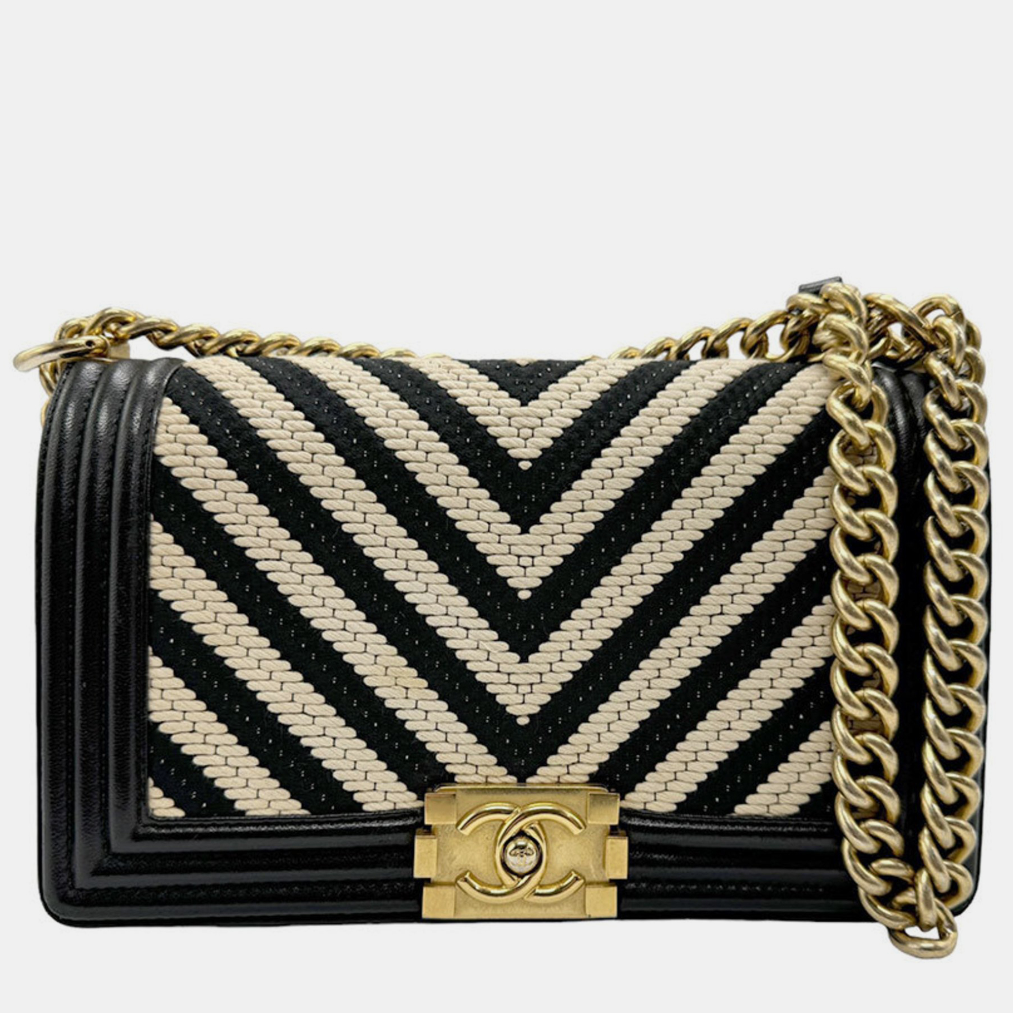 Chanel Black/Ivory Leather Medium Chevron Boy Shoulder Bags