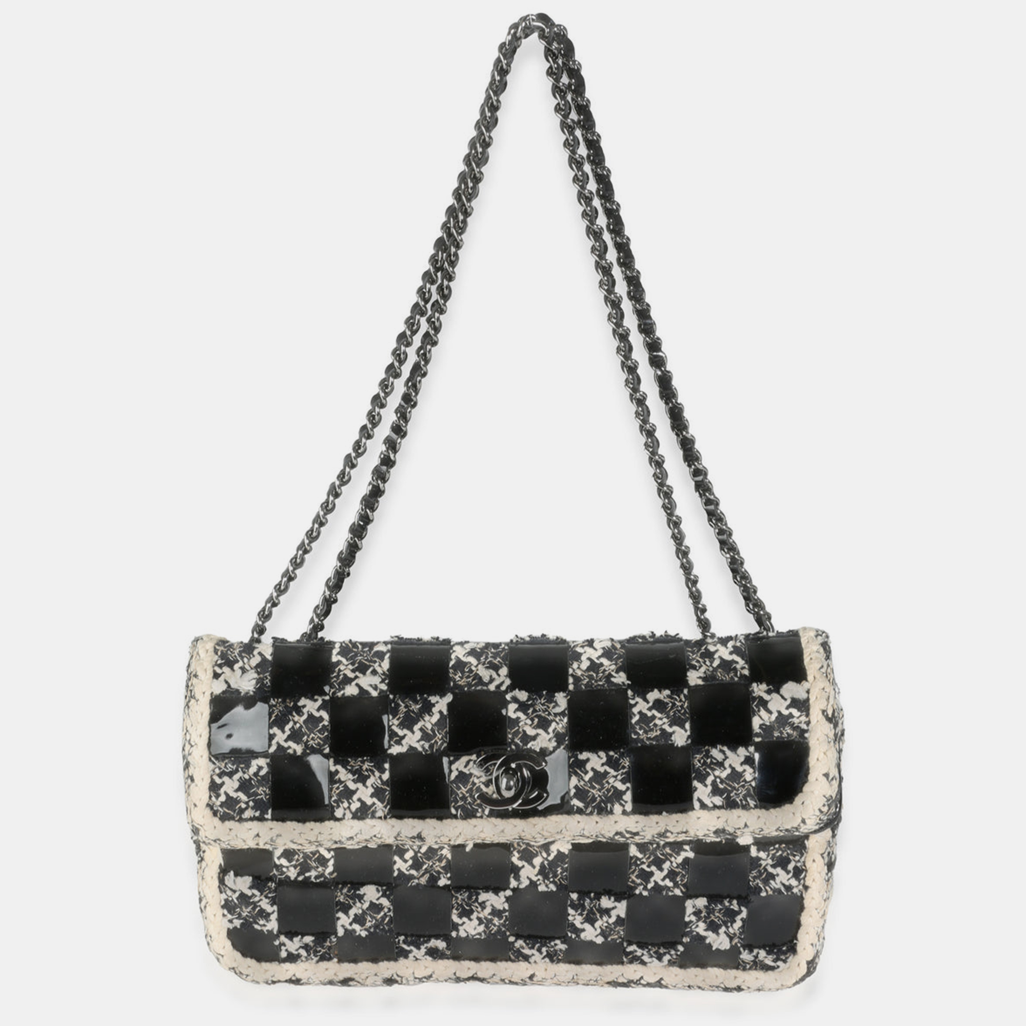 Chanel Black White Tweed Woven Patent Medium Flap Bag