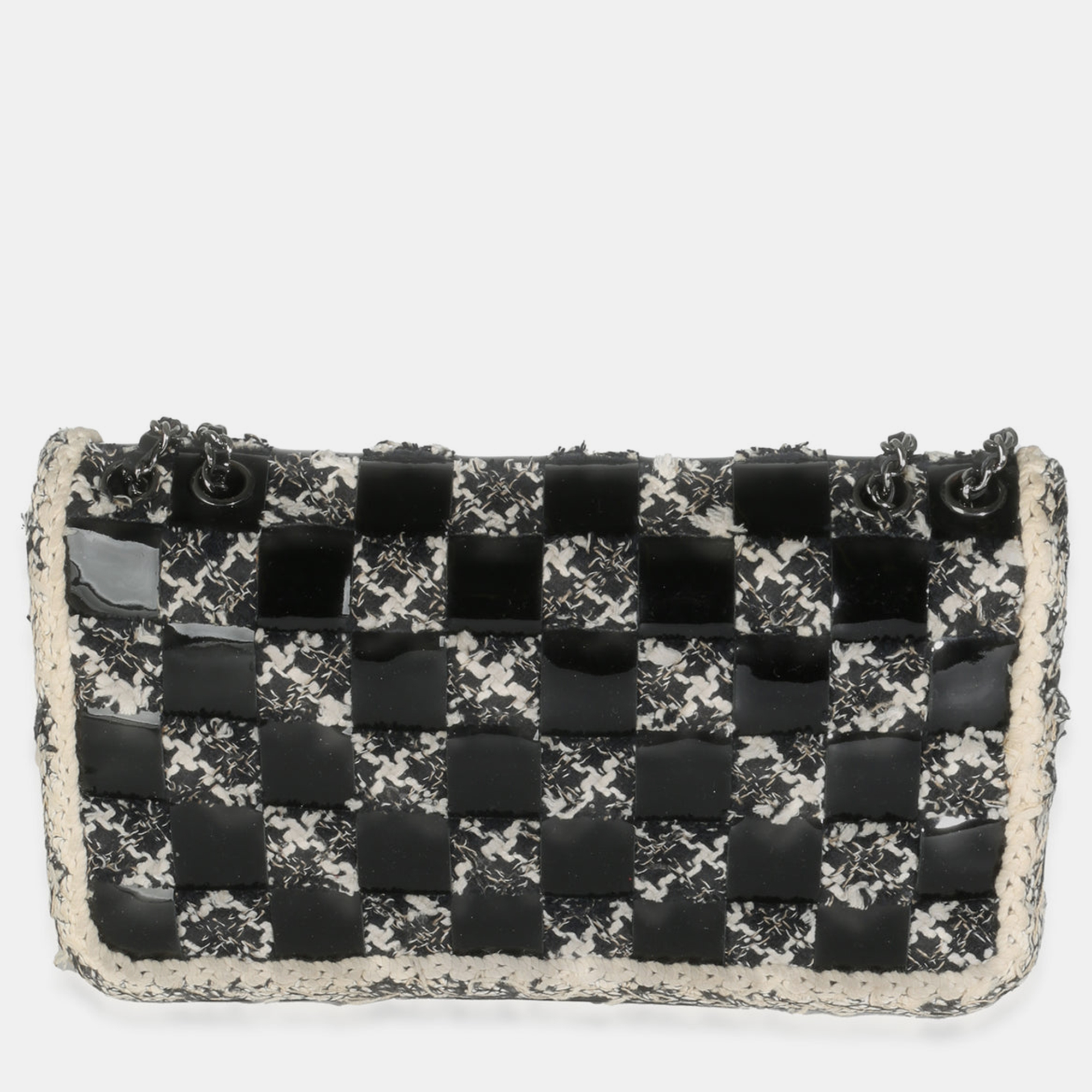 Chanel Black White Tweed Woven Patent Medium Flap Bag