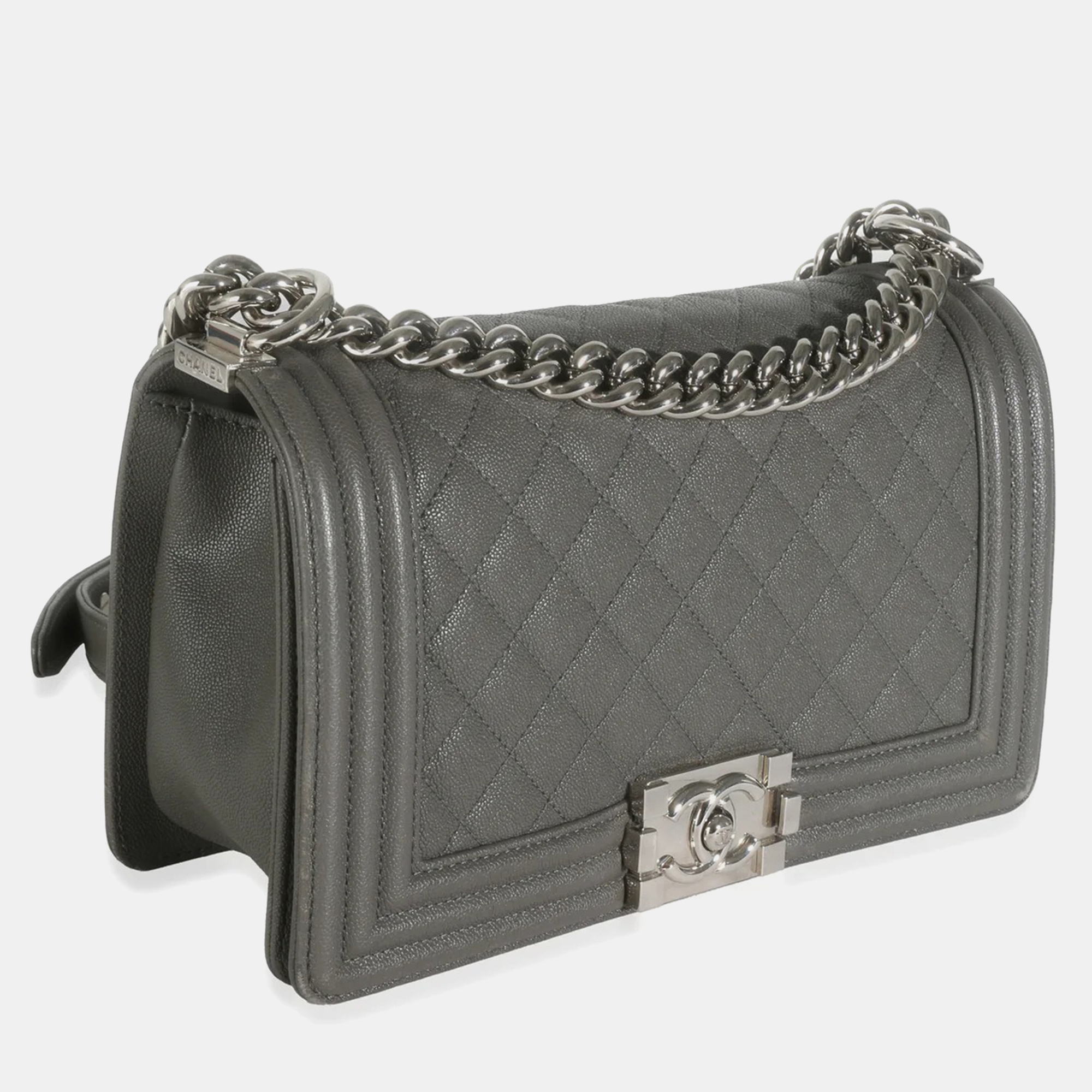 Chanel Grey Quilted Caviar Medium Boy Bag