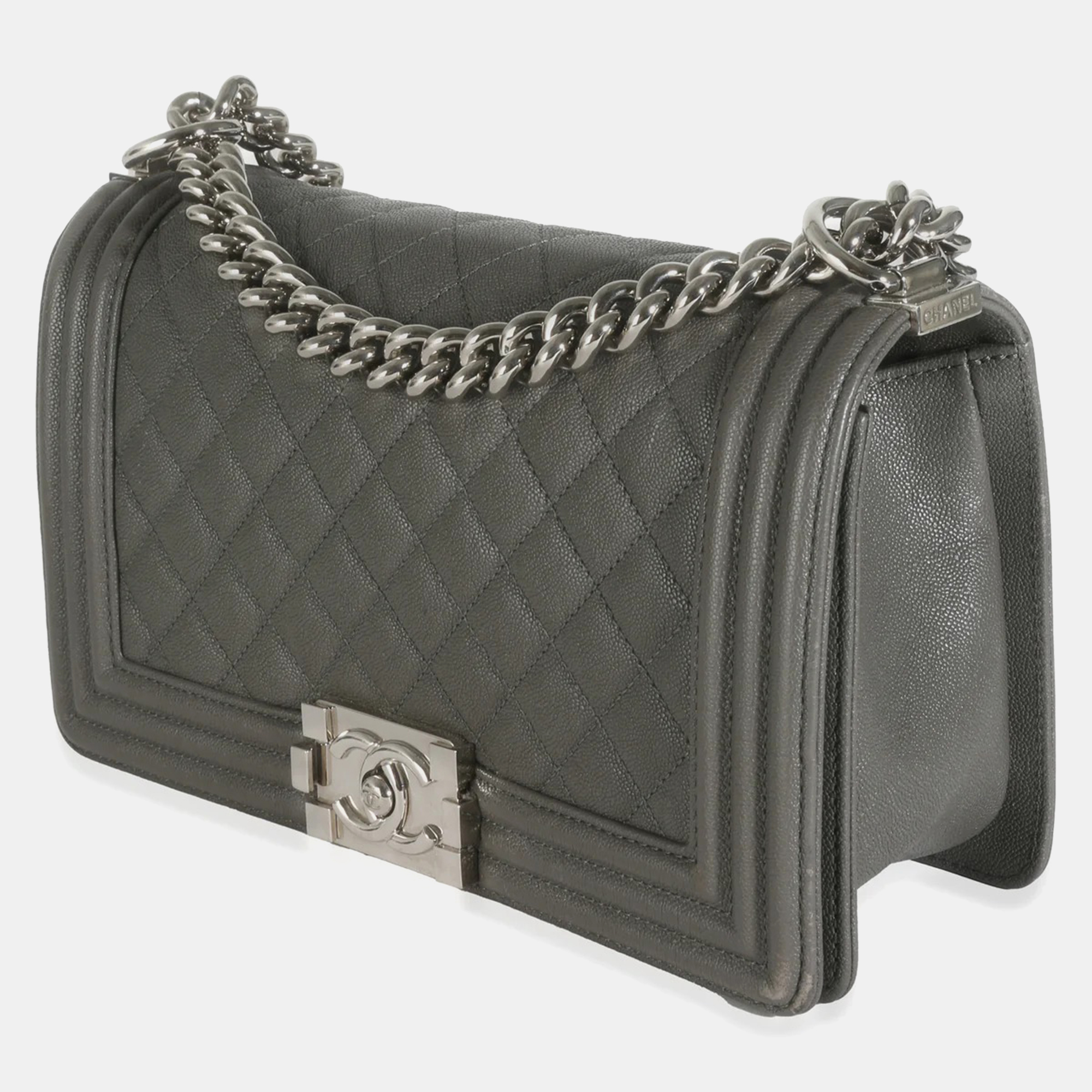 Chanel Grey Quilted Caviar Medium Boy Bag