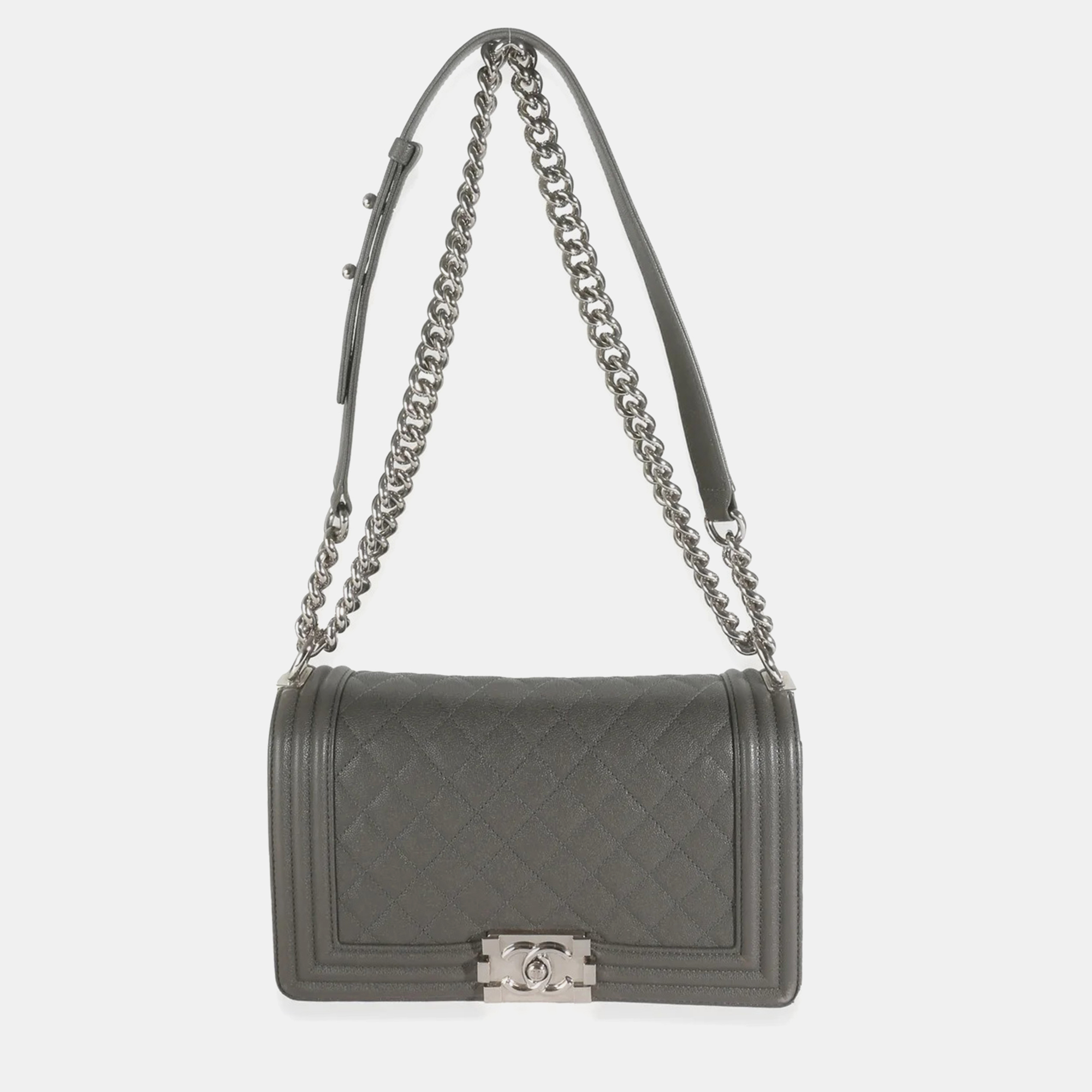 Chanel Grey Quilted Caviar Medium Boy Bag