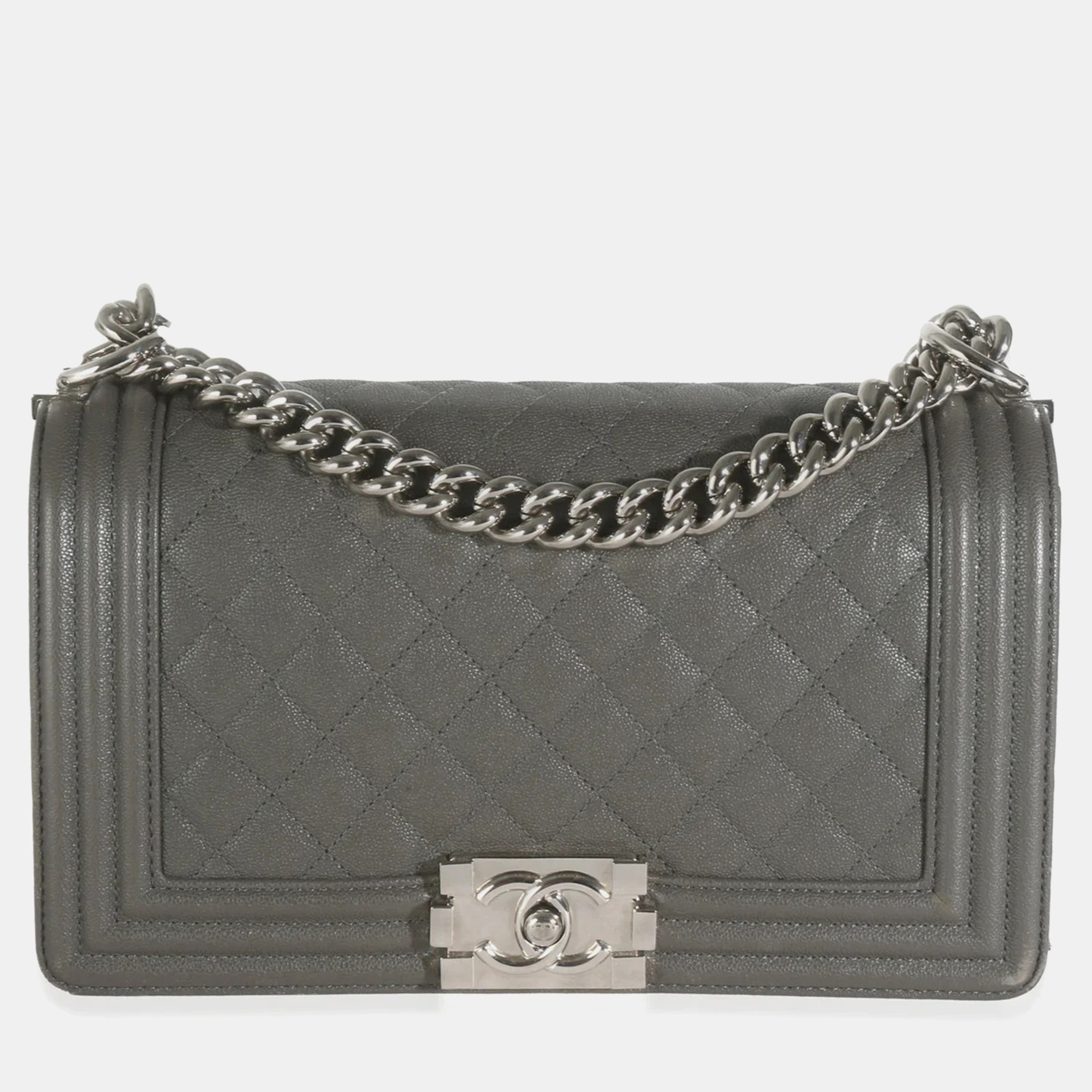 Chanel Grey Quilted Caviar Medium Boy Bag