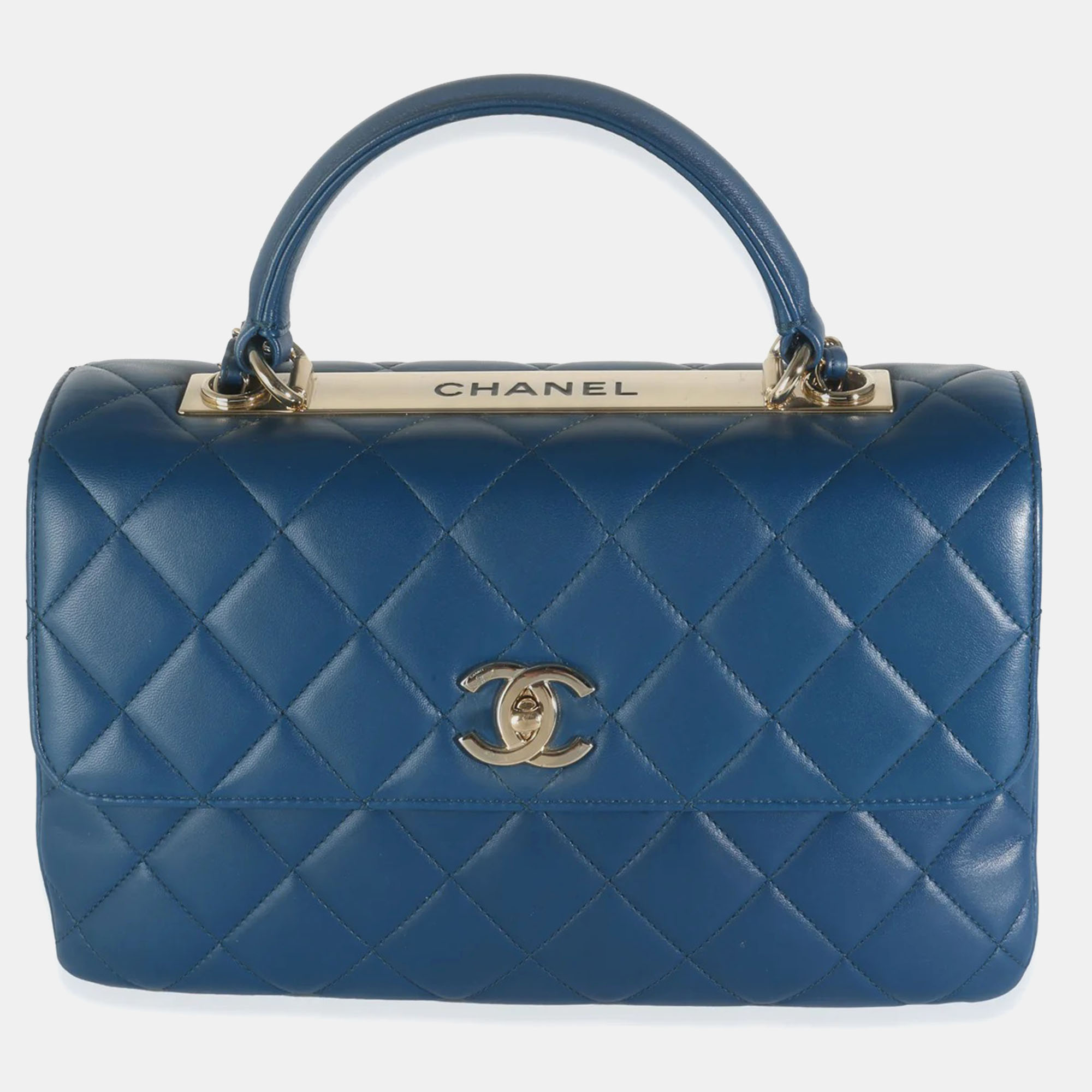 Chanel Navy Quilted Lambskin Medium Trendy Top Handle Bag