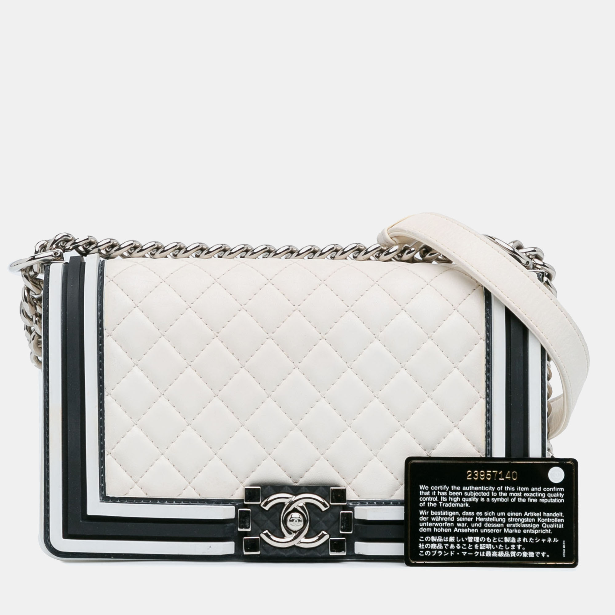 Chanel White/Black Lambskin Rubber Trim Accented Small Boy Bag