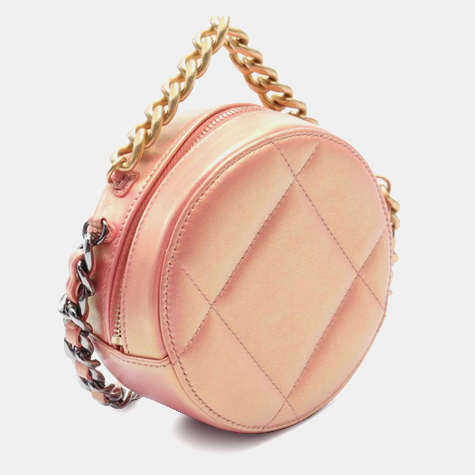 Chanel Pink Leather Iridescent 19 Round Clutch With Chain