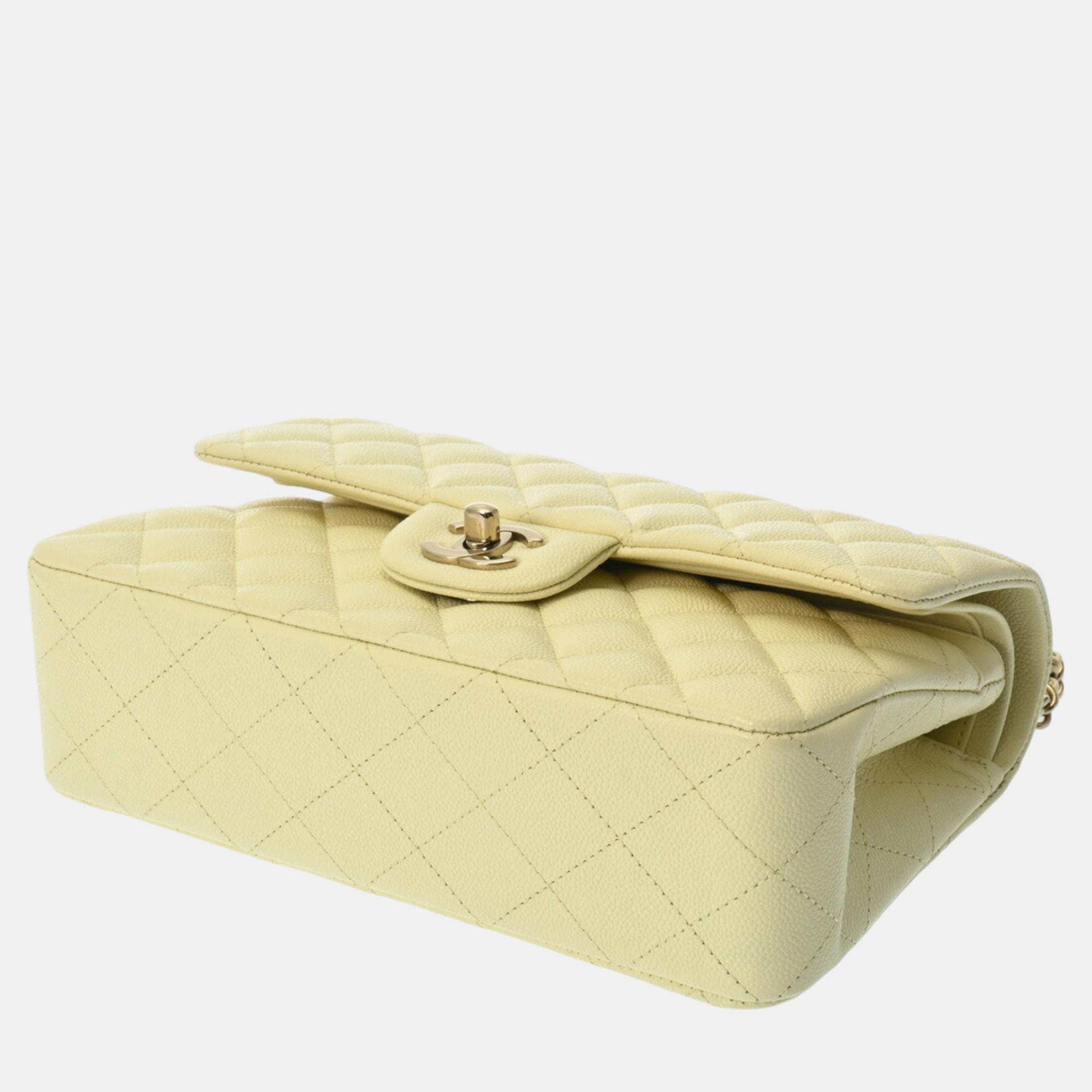 Chanel Light Yellow Caviar Skin Matelasse Chain Shoulder 23cm W Flap Bag