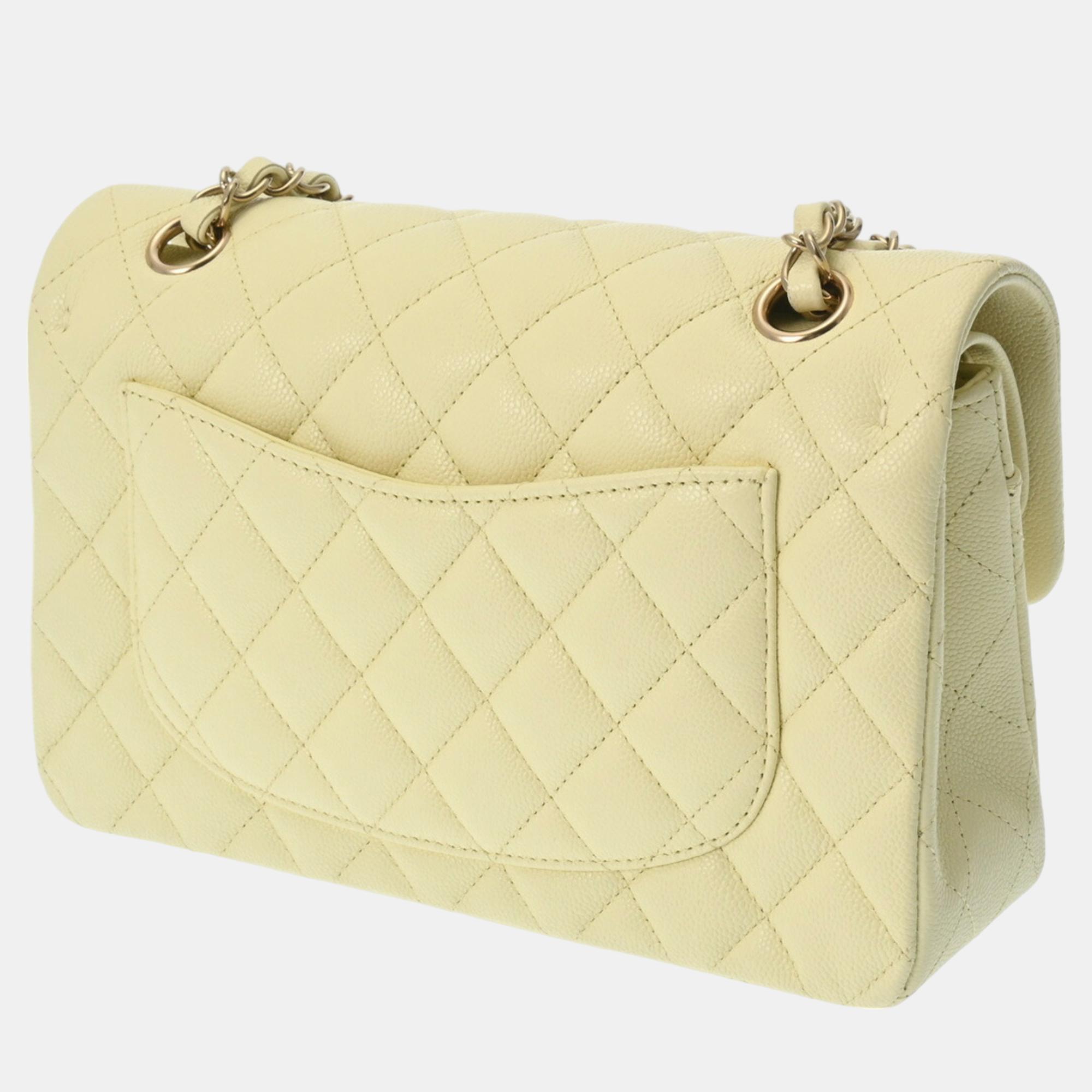 Chanel Light Yellow Caviar Skin Matelasse Chain Shoulder 23cm W Flap Bag