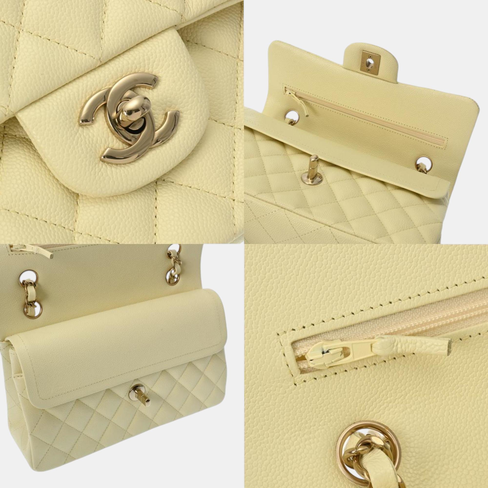 Chanel Light Yellow Caviar Skin Matelasse Chain Shoulder 23cm W Flap Bag